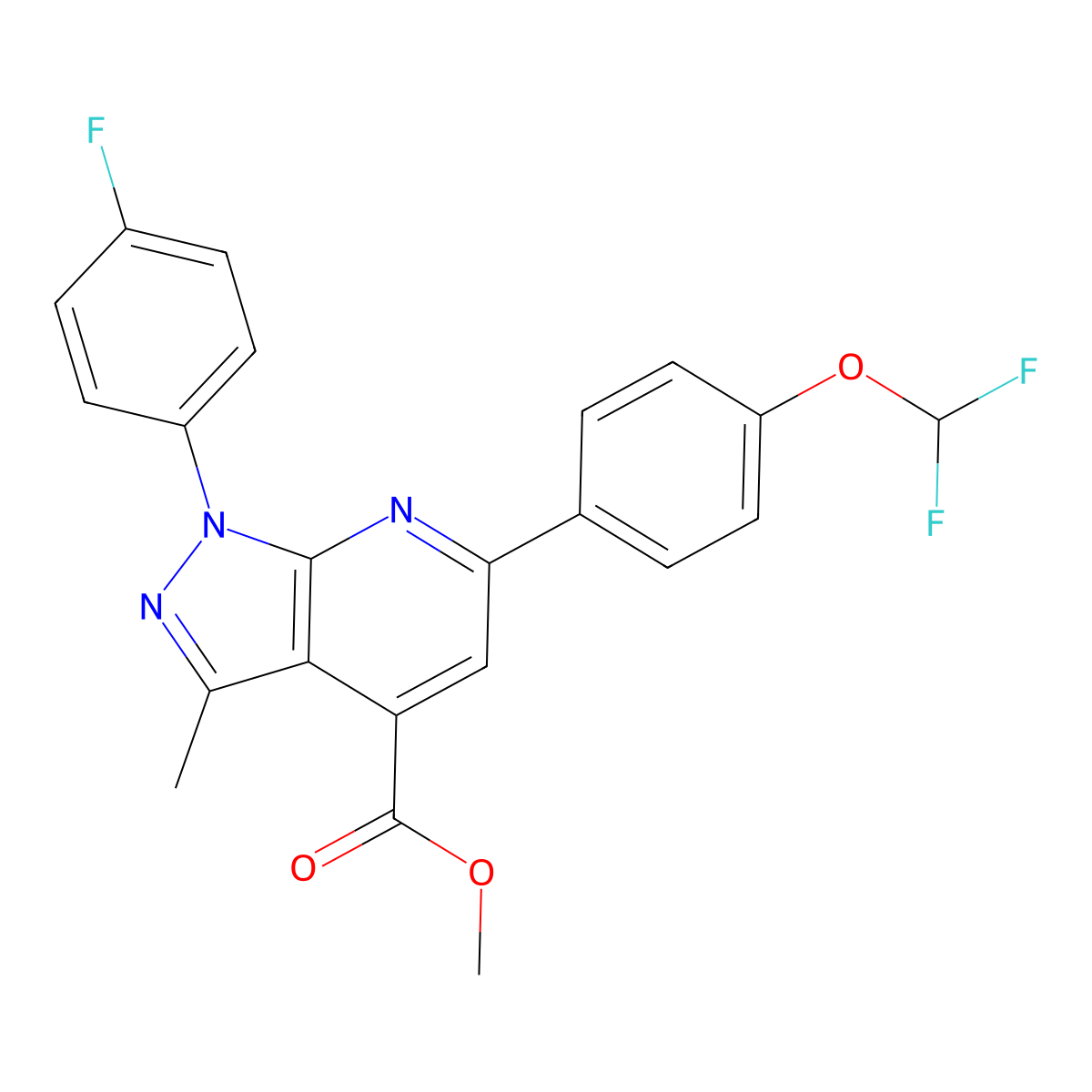 Methyl 6-(4-(difluoromethoxy)phenyl)-1-(4-fluorophenyl)-3-methyl-1H-pyrazolo[3,4-b]pyridine-4-carboxylate molecular structure, CAS 1011400-18-2