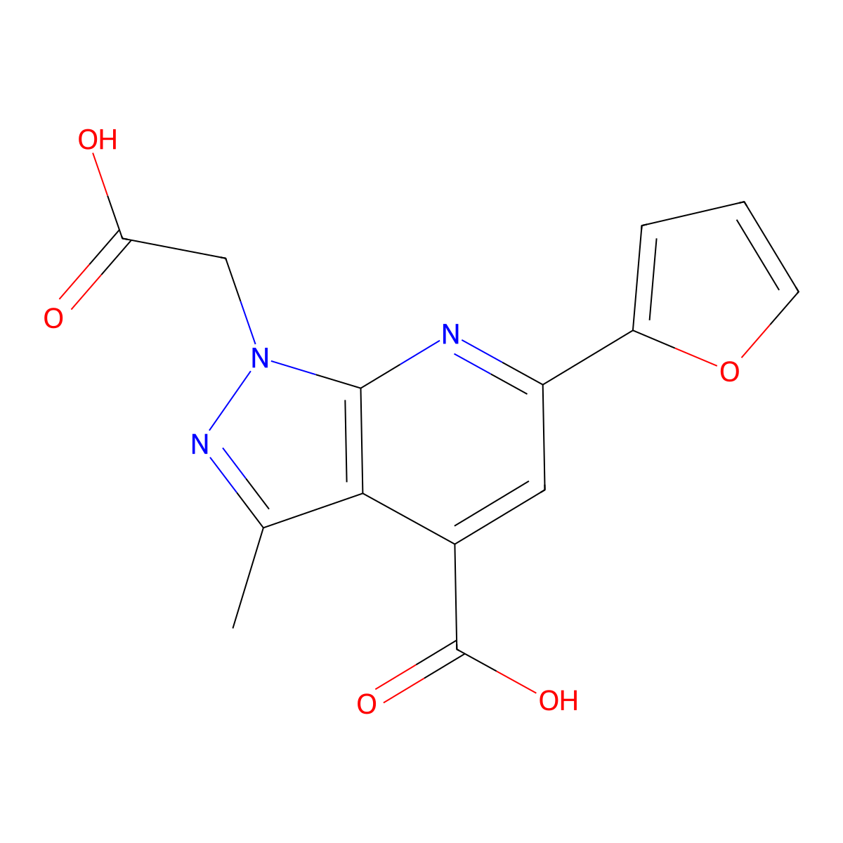 1-(carboxymethyl)-6-(furan-2-yl)-3-methyl-1H-pyrazolo[3,4-b]pyridine-4-carboxylic acid molecular structure, CAS 1011400-21-7