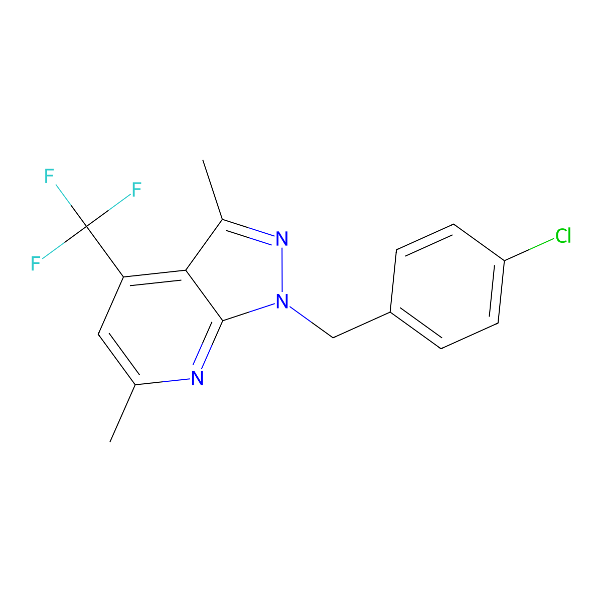 1-(4-chlorobenzyl)-3,6-dimethyl-4-(trifluoromethyl)-1H-pyrazolo[3,4-b]pyridine molecular structure, CAS 1011401-39-0