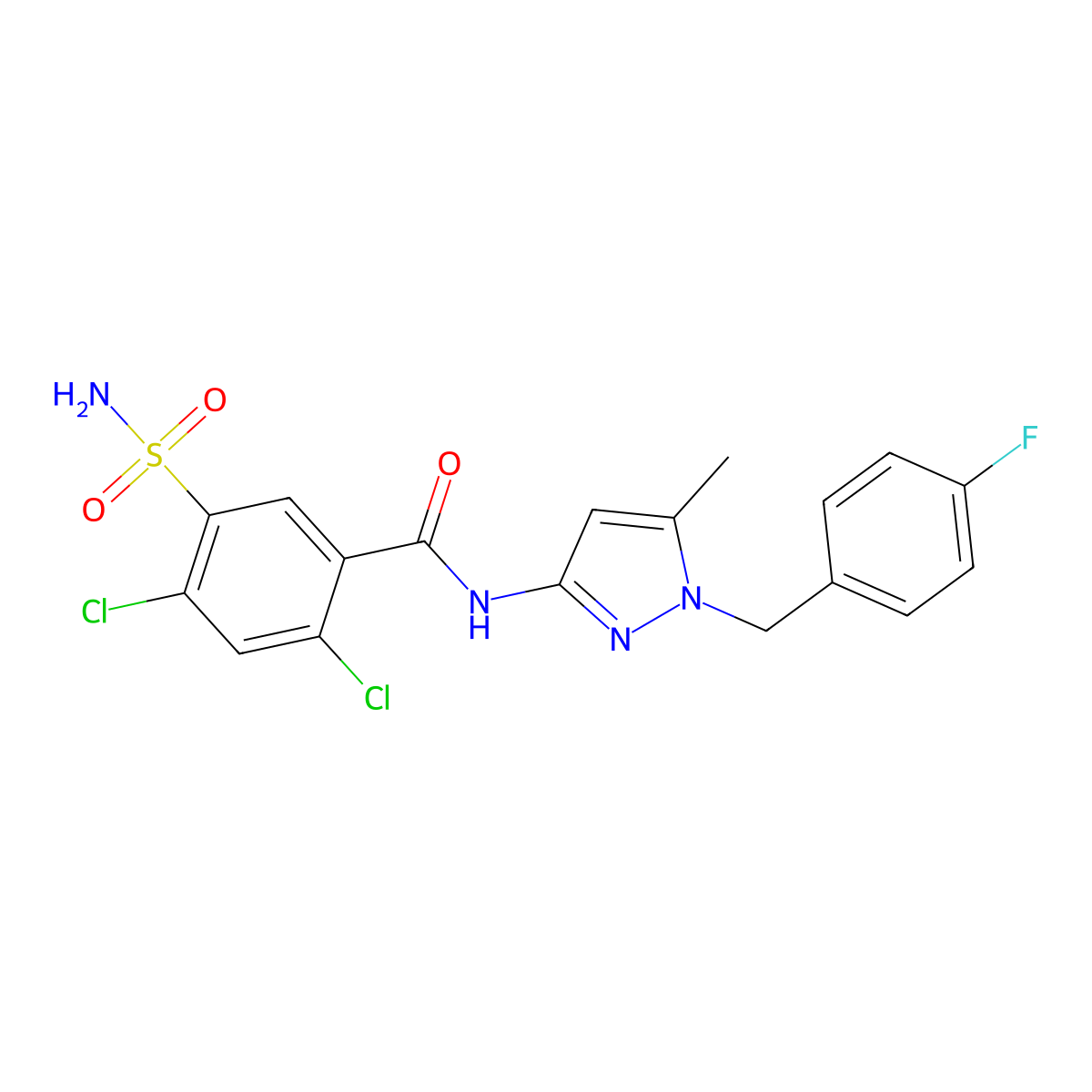 2,4-dichloro-N-[1-(4-fluorobenzyl)-5-methyl-1H-pyrazol-3-yl]-5-sulfamoylbenzamide molecular structure, CAS 1011405-47-2