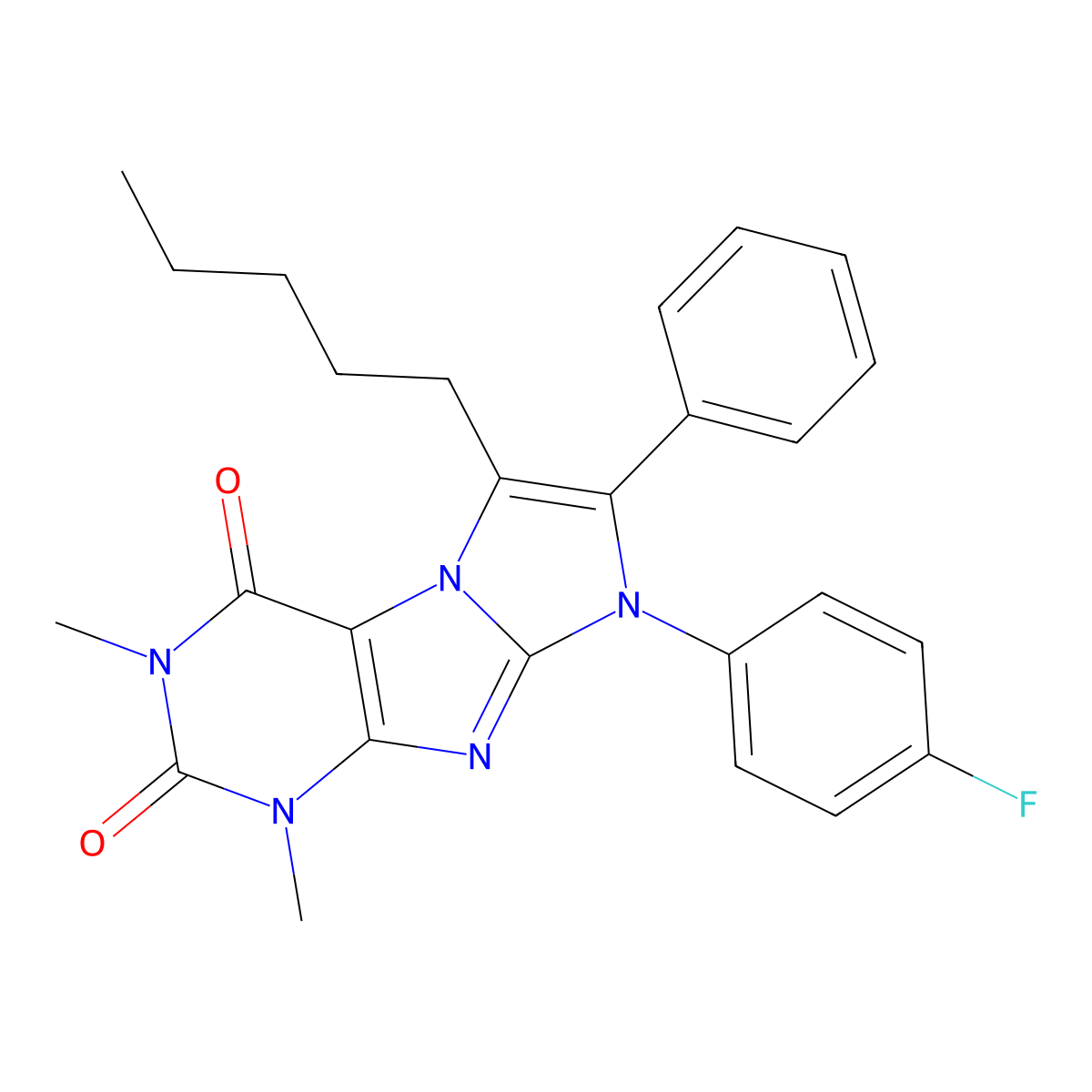 1H-Imidazo(2,1-f)purine-2,4(3H,8H)-dione, 8-(4-fluorophenyl)-1,3-dimethyl-6-pentyl-7-phenyl- molecular structure, CAS 1011407-11-6