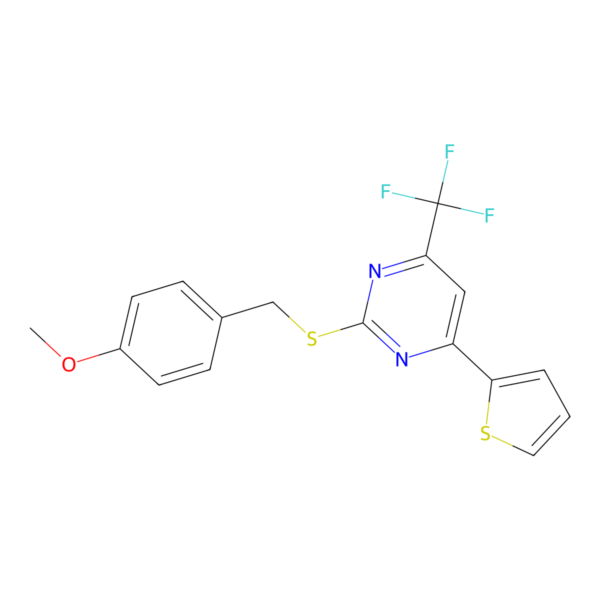 2-{[(4-Methoxyphenyl)methyl]sulfanyl}-4-(thiophen-2-YL)-6-(trifluoromethyl)pyrimidine molecular structure, CAS 1011408-65-3