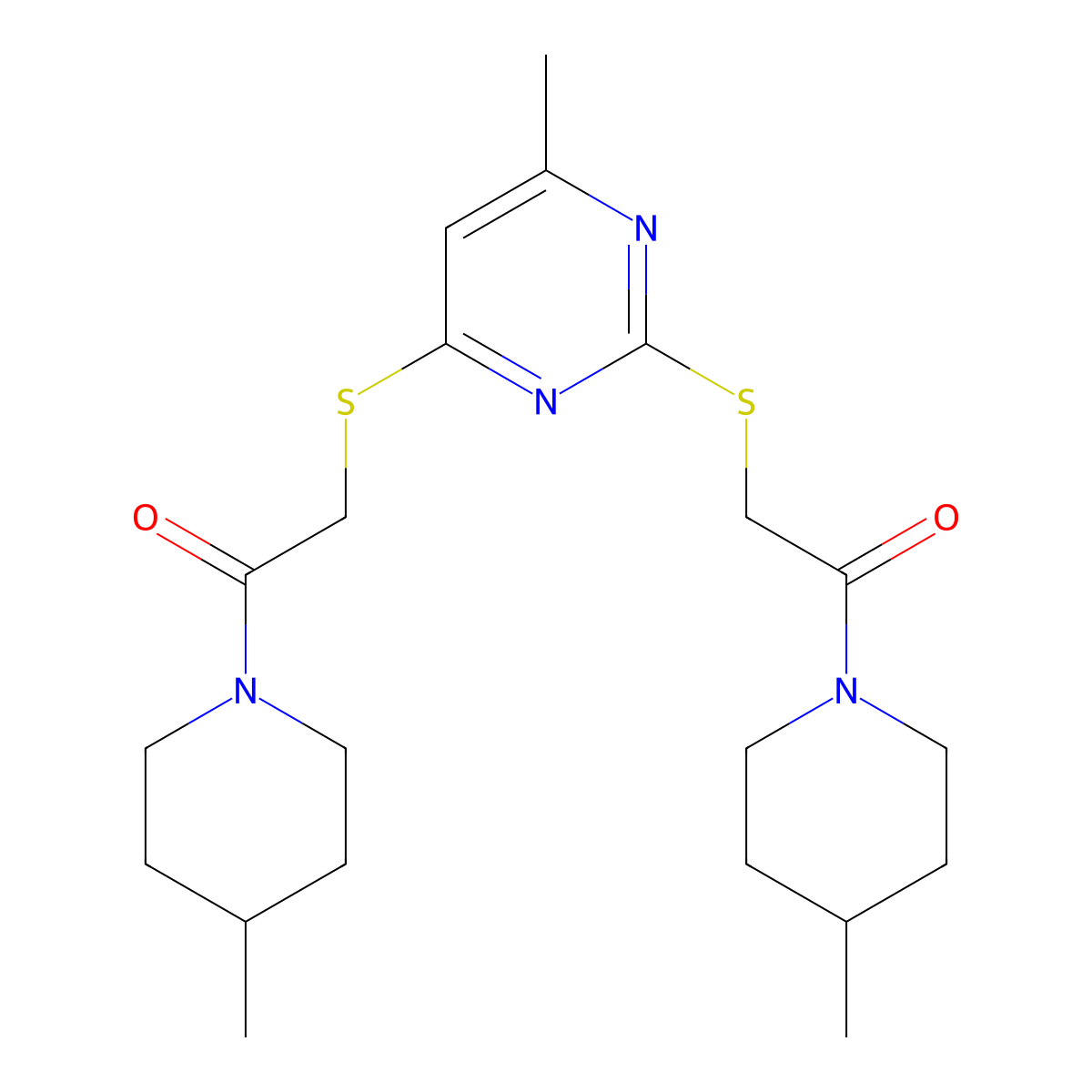 2-[(4-Methyl-6-{[2-(4-methylpiperidin-1-yl)-2-oxoethyl]sulfanyl}pyrimidin-2-yl)sulfanyl]-1-(4-methylpiperidin-1-yl)ethan-1-one molecular structure, CAS 1011408-76-6