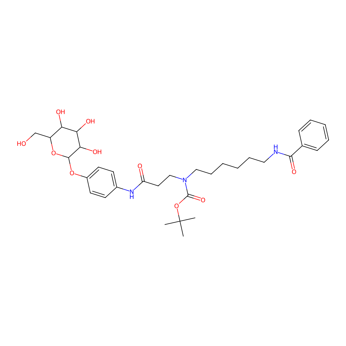 tert-Butyl (6-benzamidohexyl)(3-oxo-3-((4-(((2R,3R,4S,5R,6R)-3,4,5-trihydroxy-6-(hydroxymethyl)tetrahydro-2H-pyran-2-yl)oxy)phenyl)amino)propyl)carbamate molecular structure, CAS 1011457-16-1