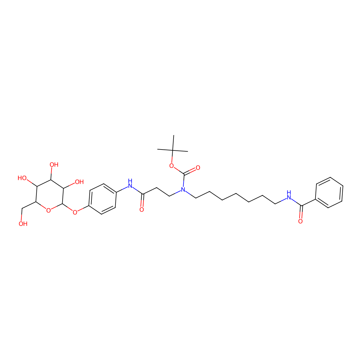 tert-Butyl (7-benzamidoheptyl)(3-oxo-3-((4-(((2R,3R,4S,5S,6R)-3,4,5-trihydroxy-6-(hydroxymethyl)tetrahydro-2H-pyran-2-yl)oxy)phenyl)amino)propyl)carbamate molecular structure, CAS 1011457-17-2