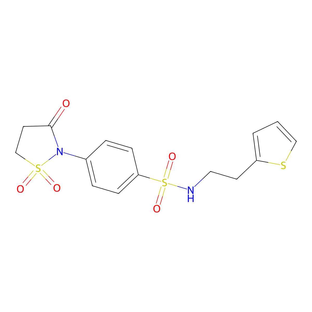 4-(1,1-dioxido-3-oxoisothiazolidin-2-yl)-N-(2-(thiophen-2-yl)ethyl)benzenesulfonamide molecular structure, CAS 1011621-92-3