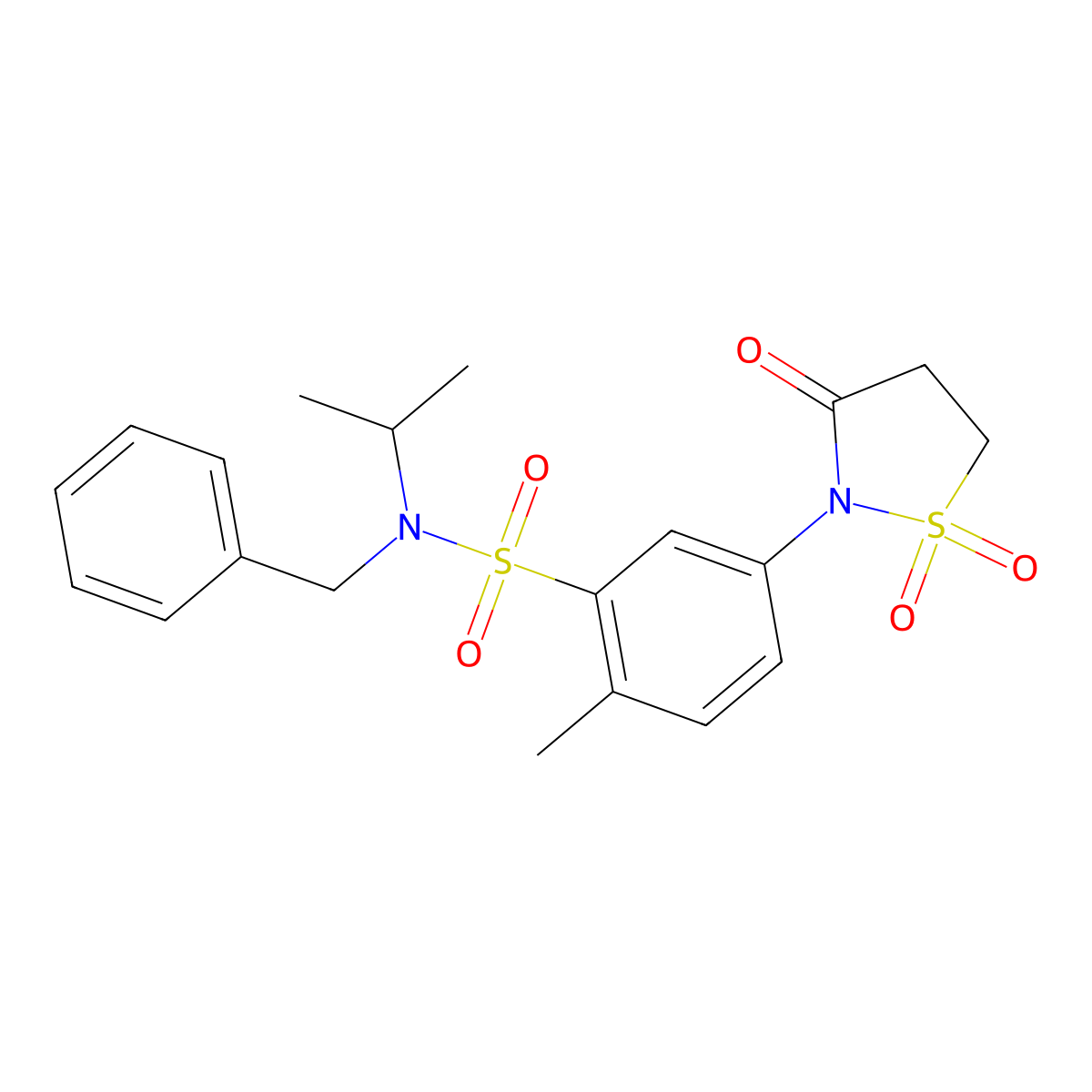 N-benzyl-5-(1,1-dioxido-3-oxoisothiazolidin-2-yl)-N-isopropyl-2-methylbenzenesulfonamide molecular structure, CAS 1011624-10-4