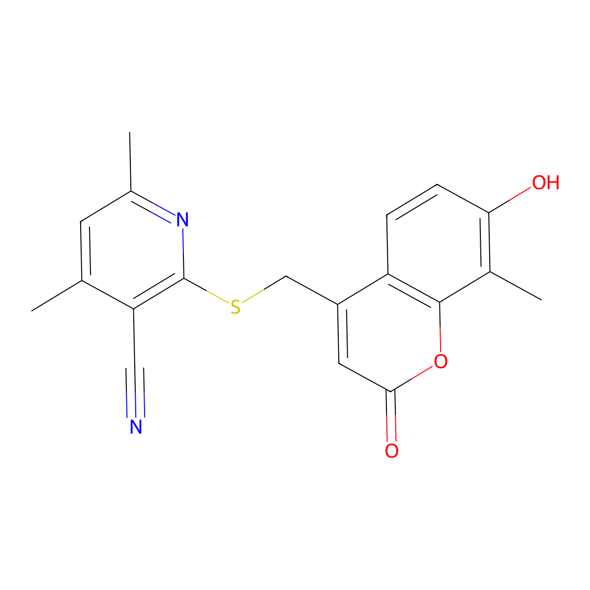 2-(((7-hydroxy-8-methyl-2-oxo-2H-chromen-4-yl)methyl)thio)-4,6-dimethylnicotinonitrile molecular structure, CAS 1011625-20-9