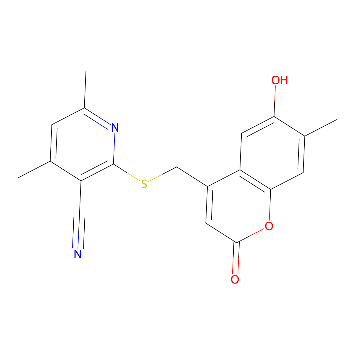 2-(((6-hydroxy-7-methyl-2-oxo-2H-chromen-4-yl)methyl)thio)-4,6-dimethylnicotinonitrile molecular structure, CAS 1011625-33-4