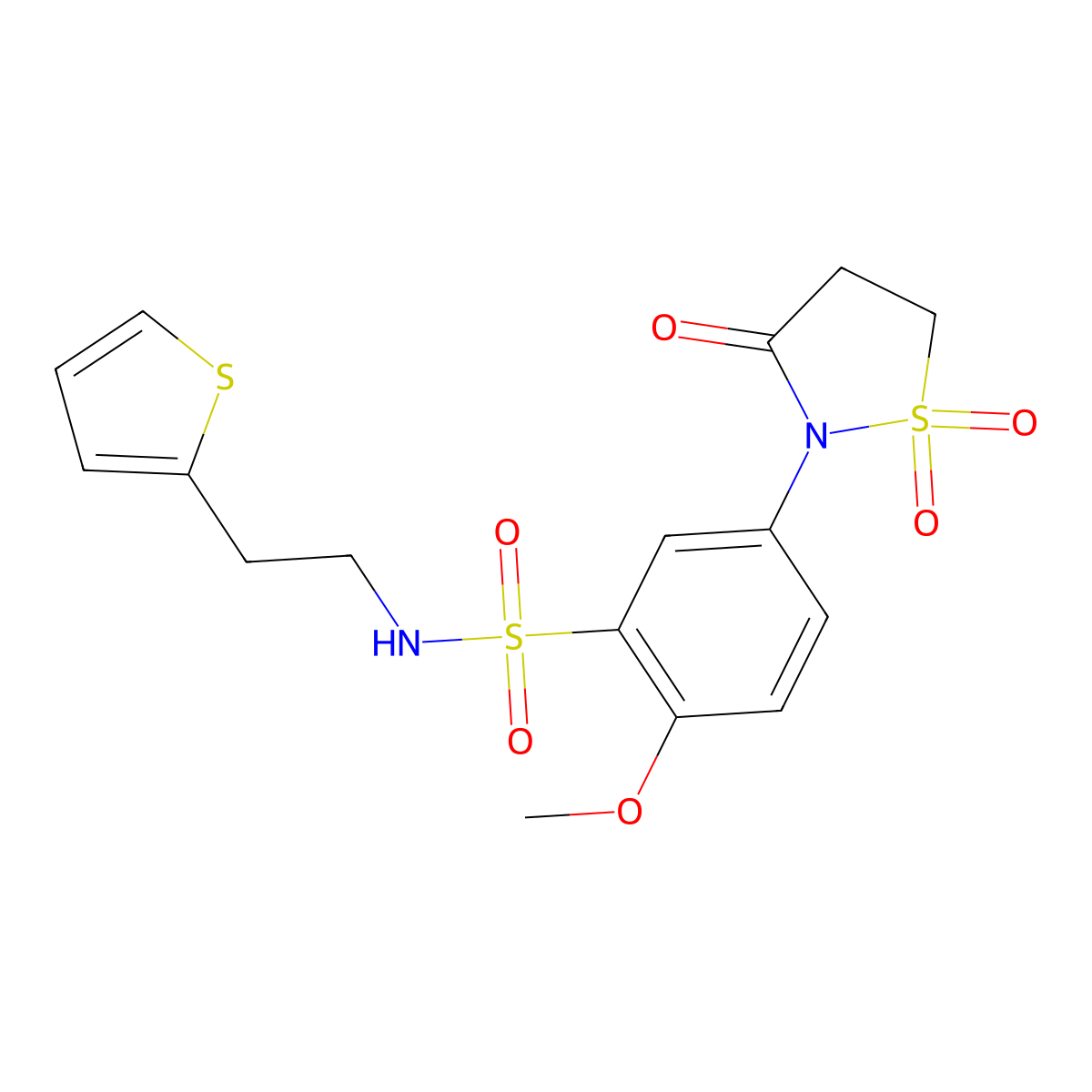 5-(1,1-dioxido-3-oxoisothiazolidin-2-yl)-2-methoxy-N-(2-(thiophen-2-yl)ethyl)benzenesulfonamide molecular structure, CAS 1011628-76-4