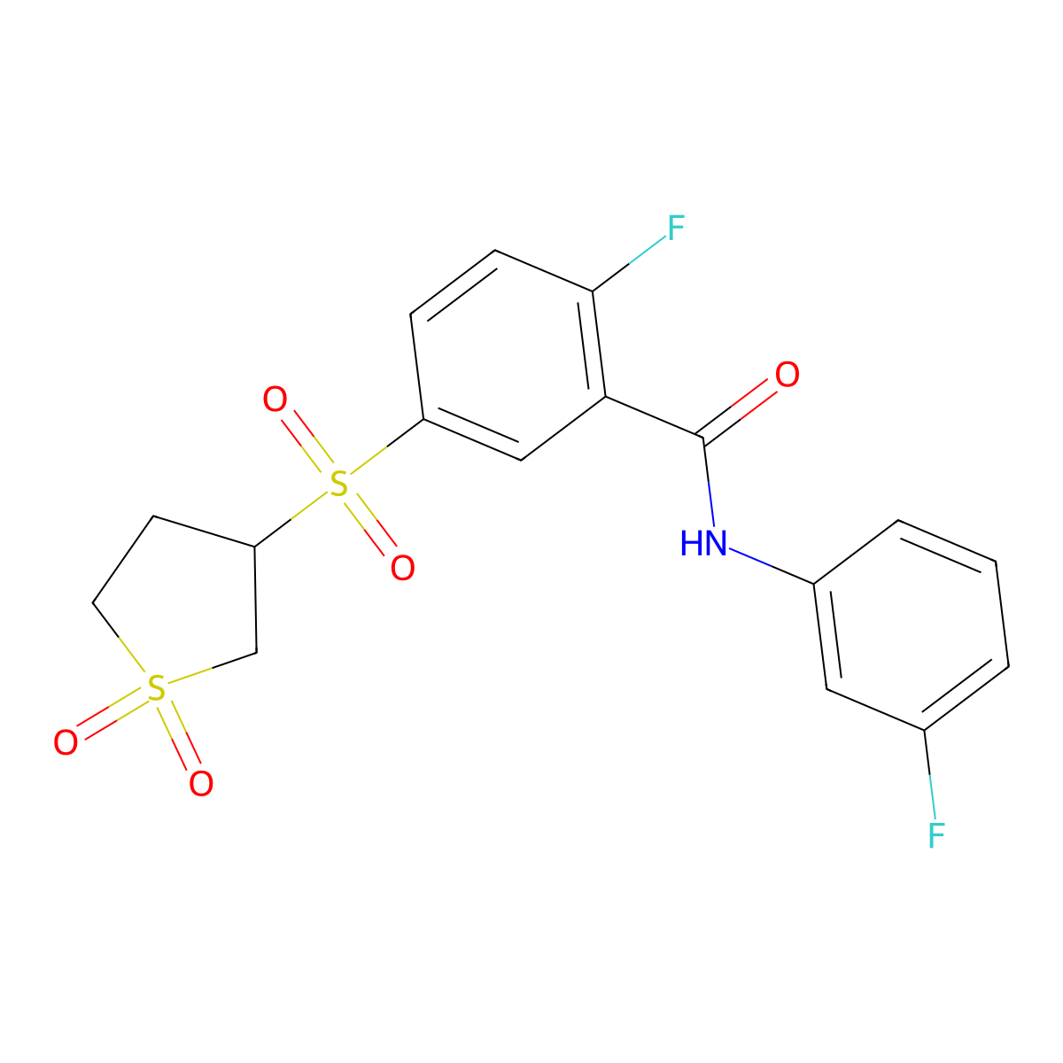 5-[(1,1-dioxidotetrahydrothiophen-3-yl)sulfonyl]-2-fluoro-N-(3-fluorophenyl)benzamide molecular structure, CAS 1011646-45-9