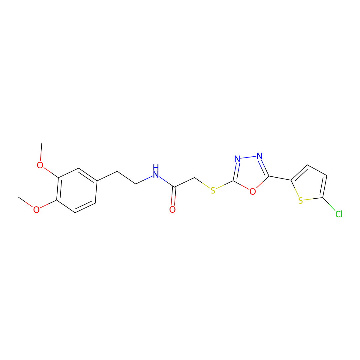 2-((5-(5-chlorothiophen-2-yl)-1,3,4-oxadiazol-2-yl)thio)-N-(3,4-dimethoxyphenethyl)acetamide molecular structure, CAS 1011881-34-7