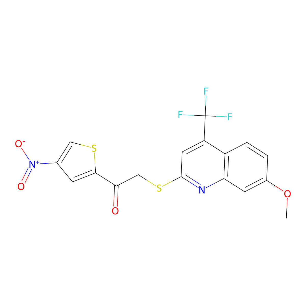 2-{[7-Methoxy-4-(trifluoromethyl)quinolin-2-yl]sulfanyl}-1-(4-nitrothiophen-2-yl)ethanone molecular structure, CAS 1011884-68-6