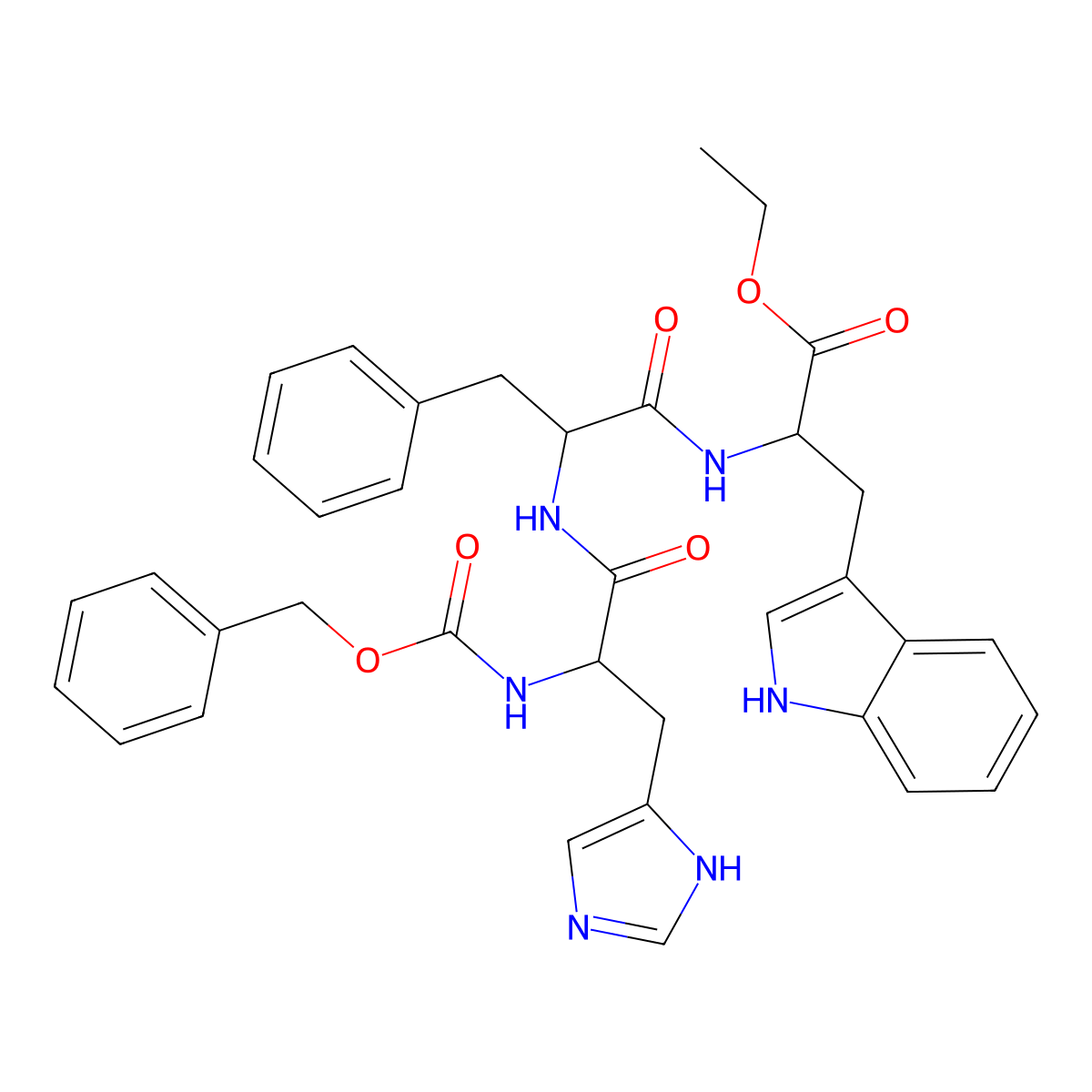 ethyl 2-[[2-[[3-(1H-imidazol-5-yl)-2-(phenylmethoxycarbonylamino)propanoyl]amino]-3-phenylpropanoyl]amino]-3-(1H-indol-3-yl)propanoate molecular structure, CAS 10119-01-4