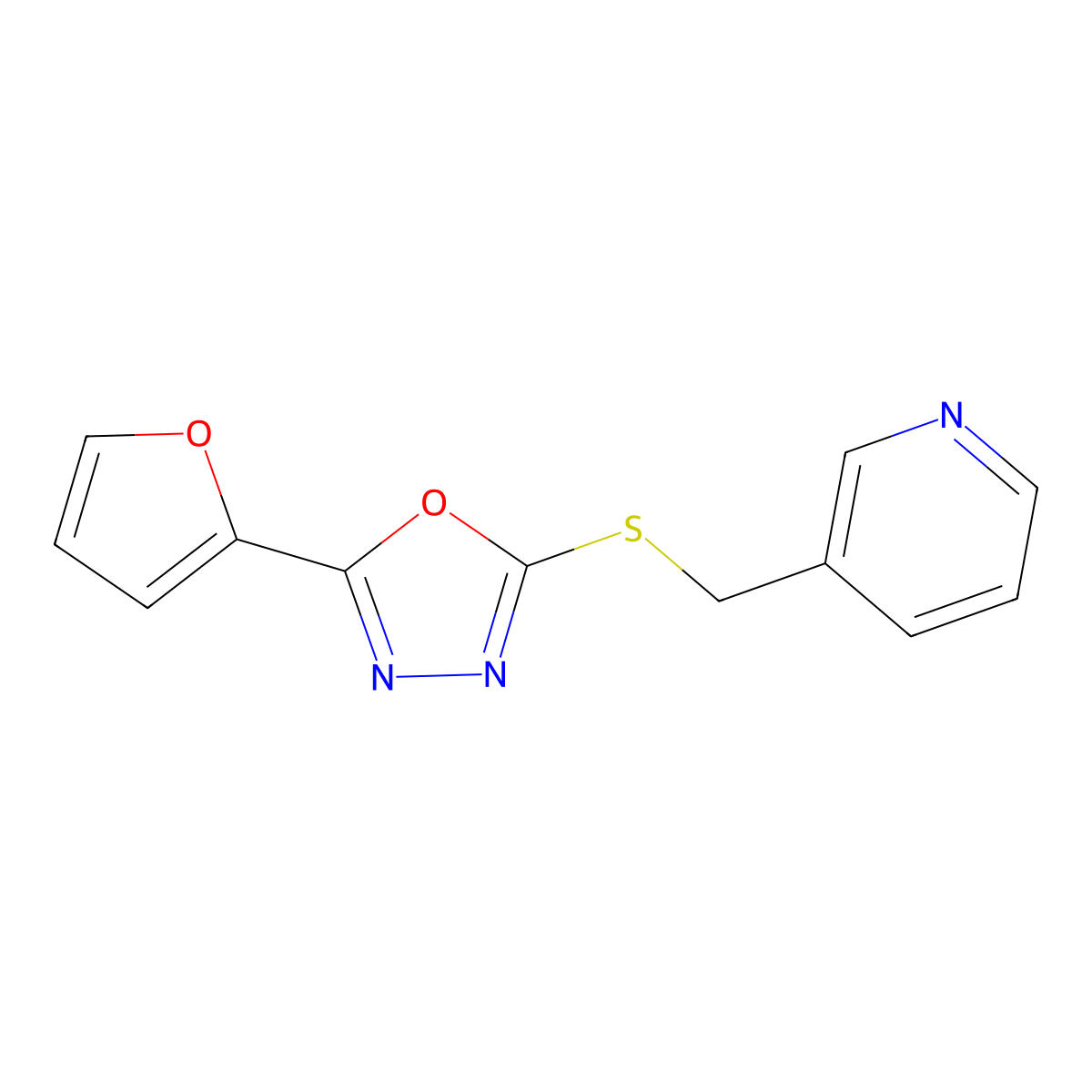 2-(Furan-2-yl)-5-((pyridin-3-ylmethyl)thio)-1,3,4-oxadiazole molecular structure, CAS 1011909-27-5