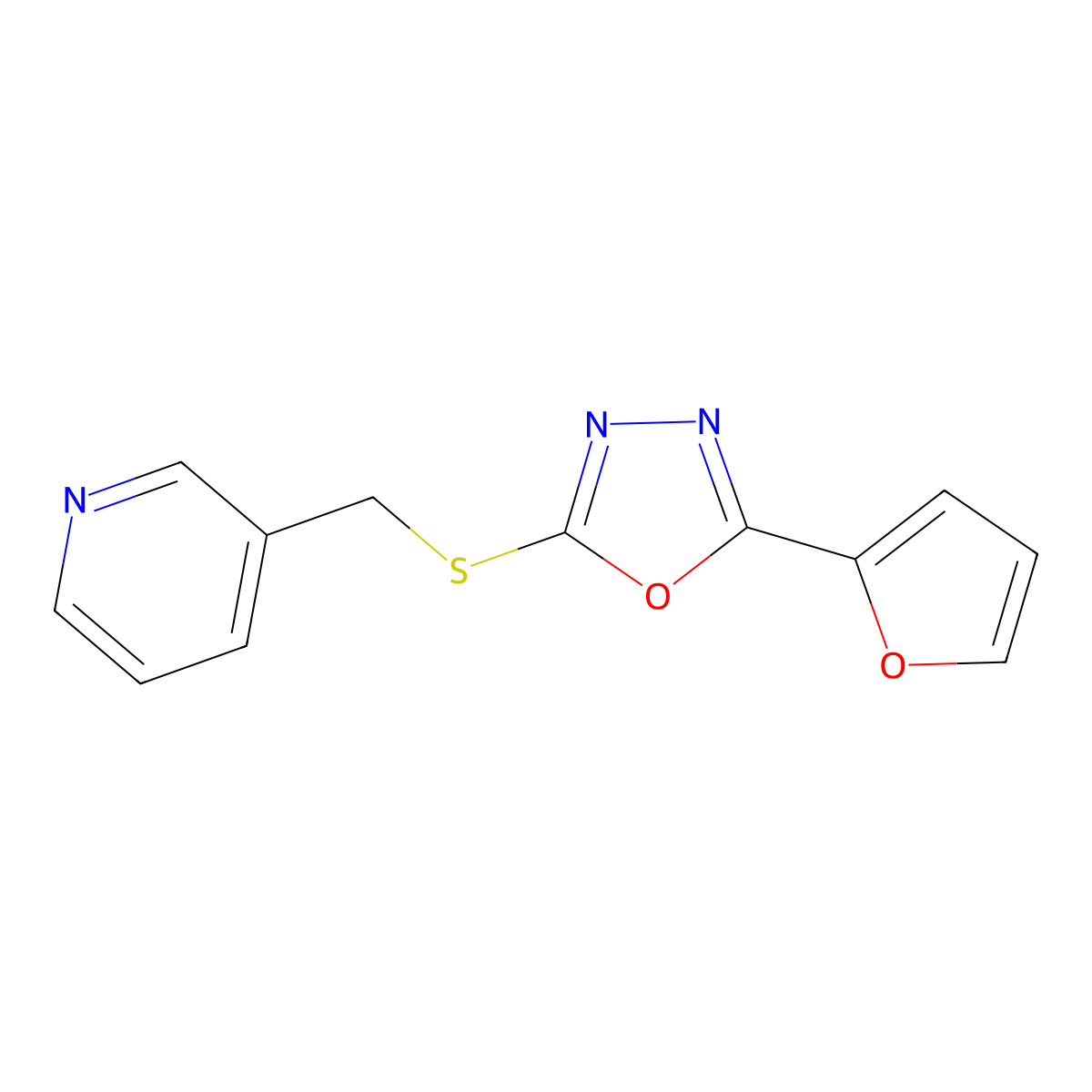 2-(Furan-2-yl)-5-((pyridin-3-ylmethyl)thio)-1,3,4-oxadiazole molecular structure, CAS 1011909-27-5