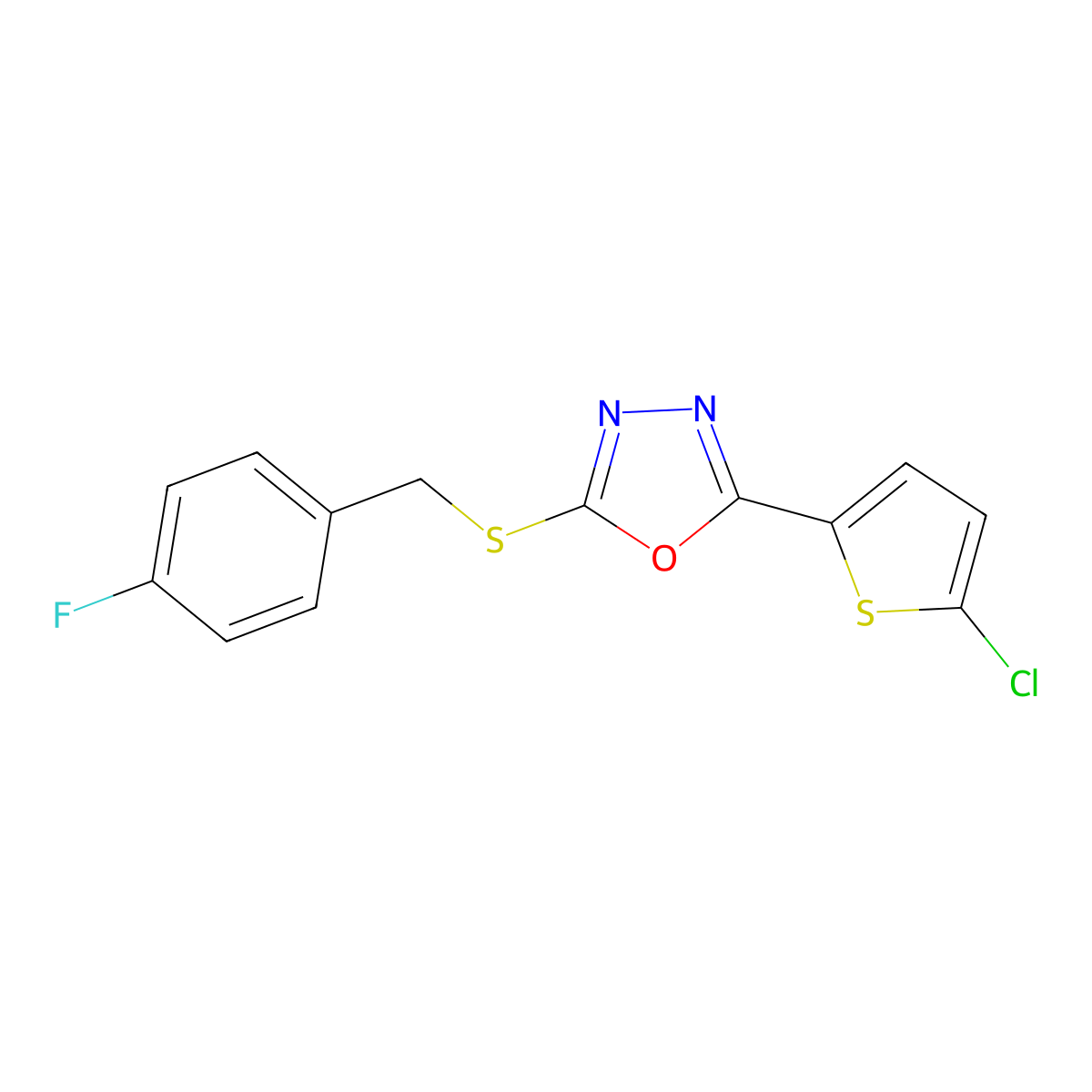 2-(5-Chlorothiophen-2-yl)-5-{[(4-fluorophenyl)methyl]sulfanyl}-1,3,4-oxadiazole molecular structure, CAS 1011913-89-5