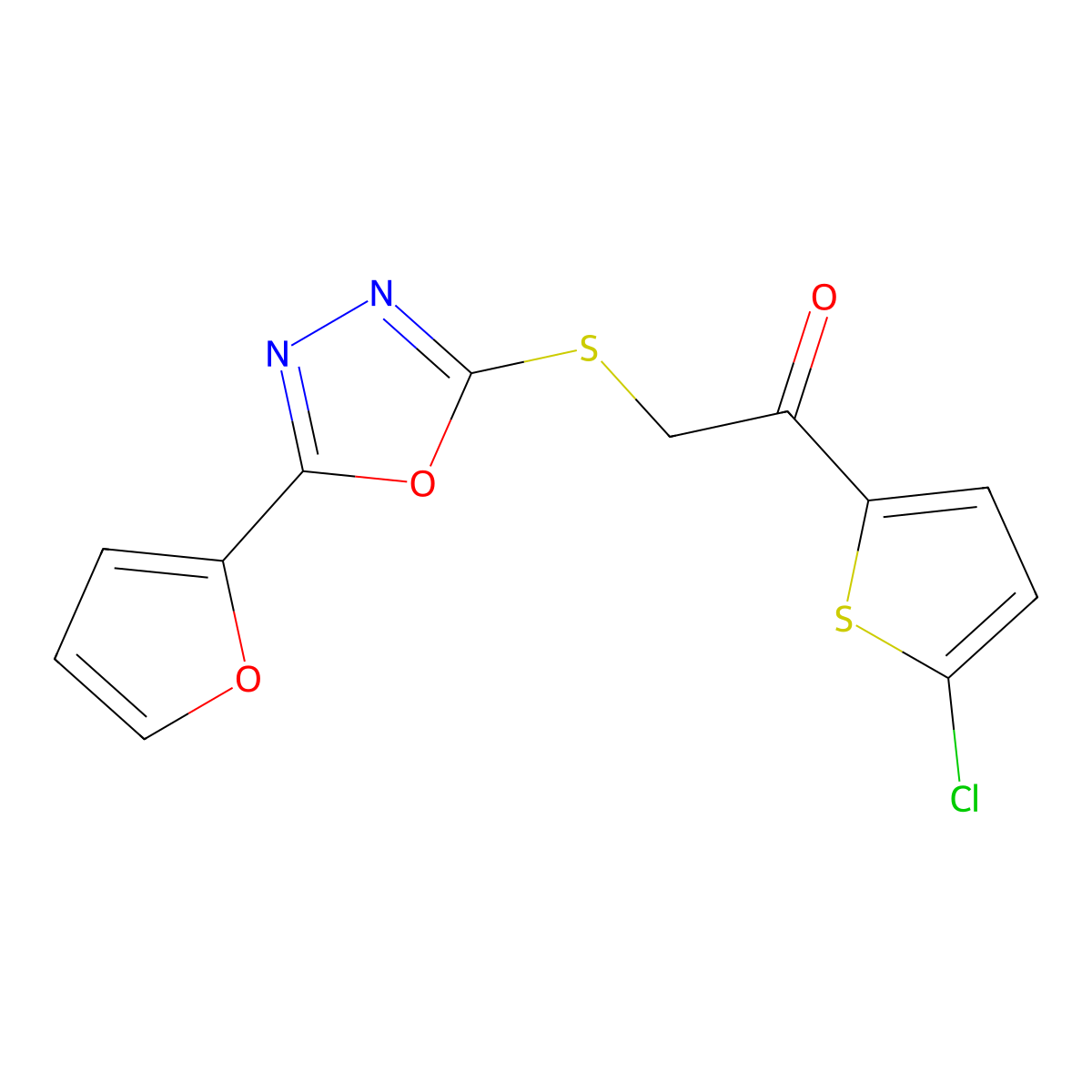 1-(5-Chloro-2-thienyl)-2-{[5-(2-furyl)-1,3,4-oxadiazol-2-yl]sulfanyl}ethanone molecular structure, CAS 1011914-89-8