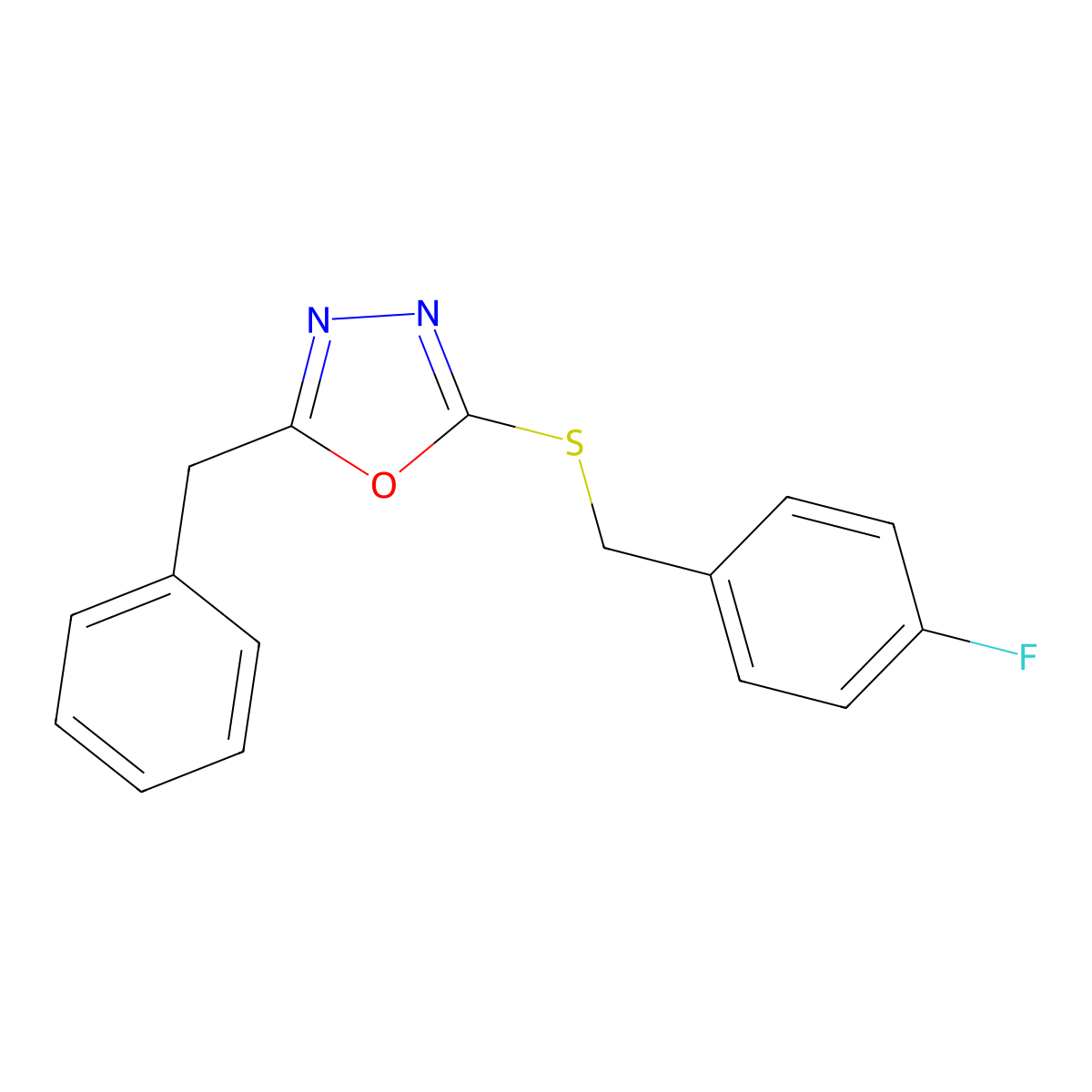 2-Benzyl-5-[(4-fluorophenyl)methylsulfanyl]-1,3,4-oxadiazole molecular structure, CAS 1011915-87-9