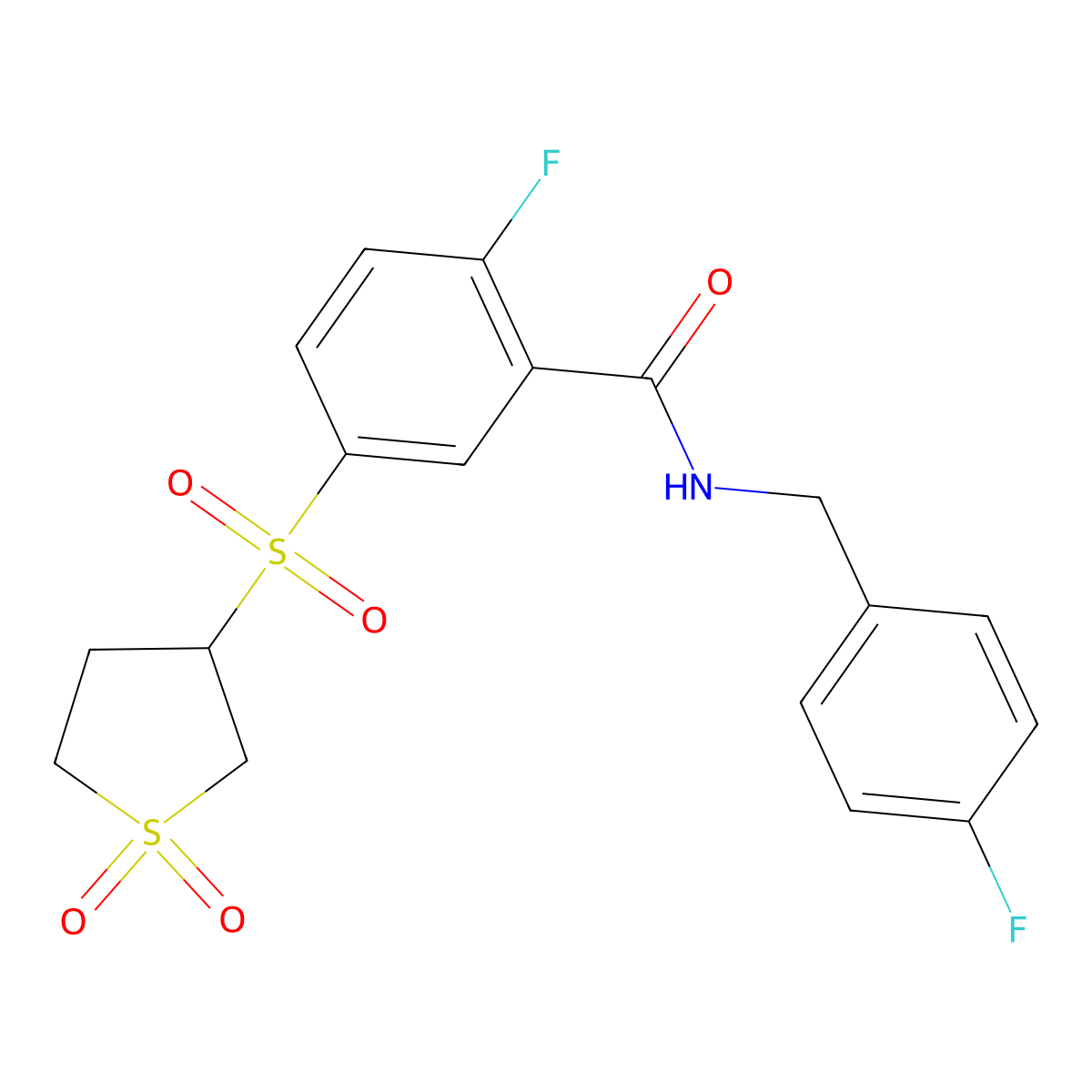 5-[(1,1-dioxidotetrahydrothiophen-3-yl)sulfonyl]-2-fluoro-N-(4-fluorobenzyl)benzamide molecular structure, CAS 1011948-23-4