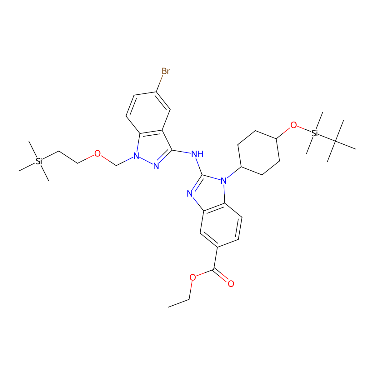 1H-Benzimidazole-5-carboxylic acid, 2-[[5-bromo-1-[[2-(trimethylsilyl)ethoxy]methyl]-1H-indazol-3-yl]amino]-1-[trans-4-[[(1,1-dimethylethyl)dimethylsilyl]oxy]cyclohexyl]-, ethyl ester molecular structure, CAS 1012104-44-7