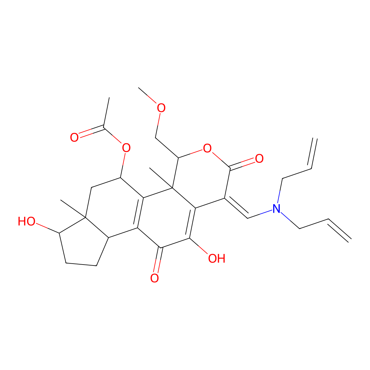 (1E,4S,4aR,5R,6aS,7S,9aR)-5-(acetyloxy)-1-[(di-2-propen-1-ylamino)methylene]-4a,5,6,6a,7,8,9,9a-octahydro-7,11-dihydroxy-4-(methoxymethyl)-4a,6a-dimethyl-cyclopenta[5,6]naphtho[1,2-c]pyran-2,10(1H,4H)-dione molecular structure, CAS 1012327-63-7