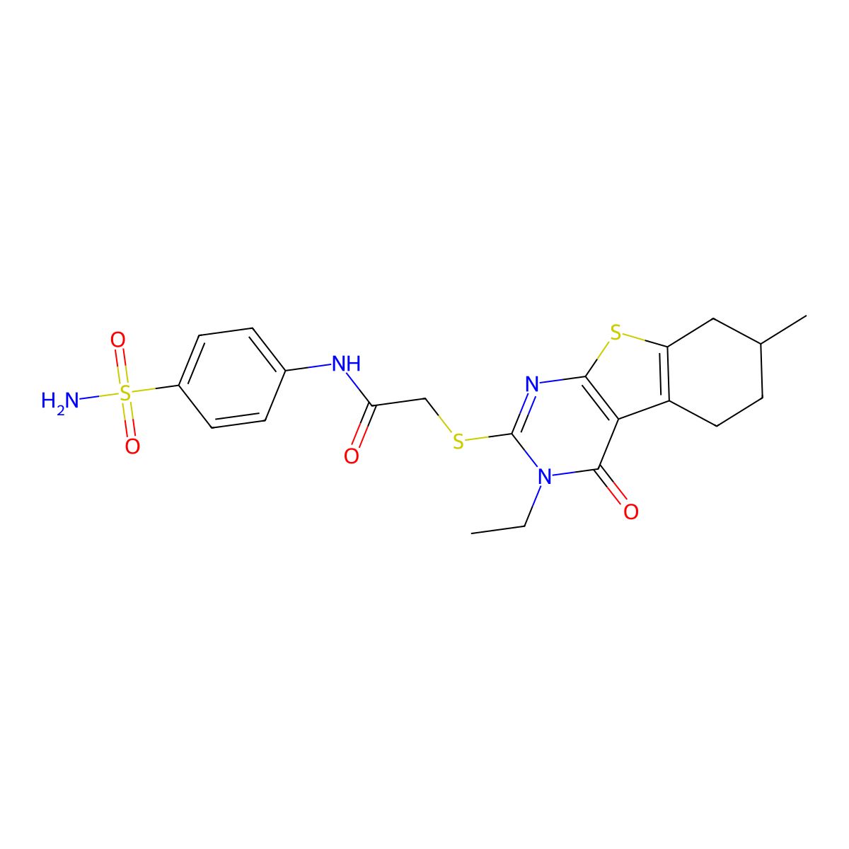 2-({4-ethyl-11-methyl-3-oxo-8-thia-4,6-diazatricyclo[7.4.0.0^{2,7}]trideca-1(9),2(7),5-trien-5-yl}sulfanyl)-N-(4-sulfamoylphenyl)acetamide molecular structure, CAS 1012770-43-2
