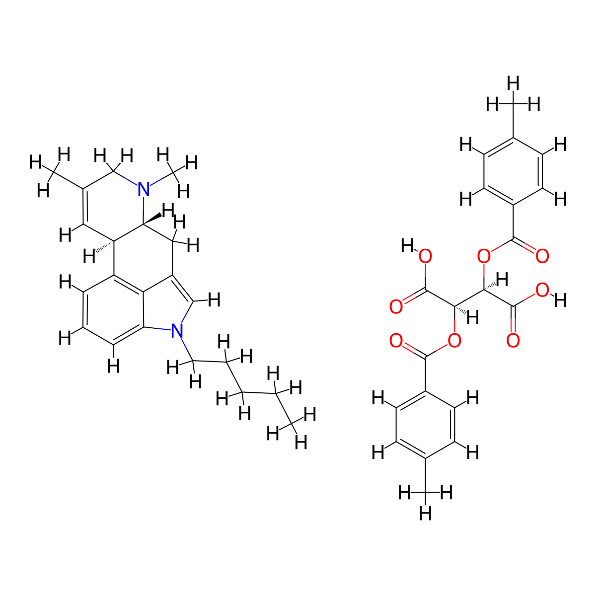 Ergoline, 8,9-didehydro-6,8-dimethyl-1-pentyl-, (R-(R*,R*))-2,3-bis((4-methylbenzoyl)oxy)butanedioate (1:1) molecular structure, CAS 101328-76-1