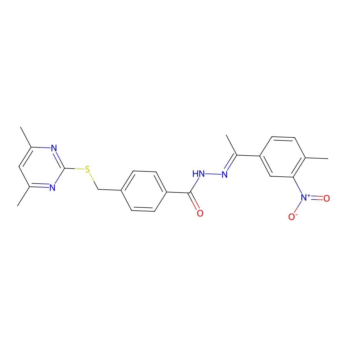 4-(((4,6-dimethylpyrimidin-2-yl)sulfanyl)methyl)-N'-(1-(4-methyl-3-nitrophenyl)ethylidene)benzohydrazide molecular structure, CAS 1013528-93-2