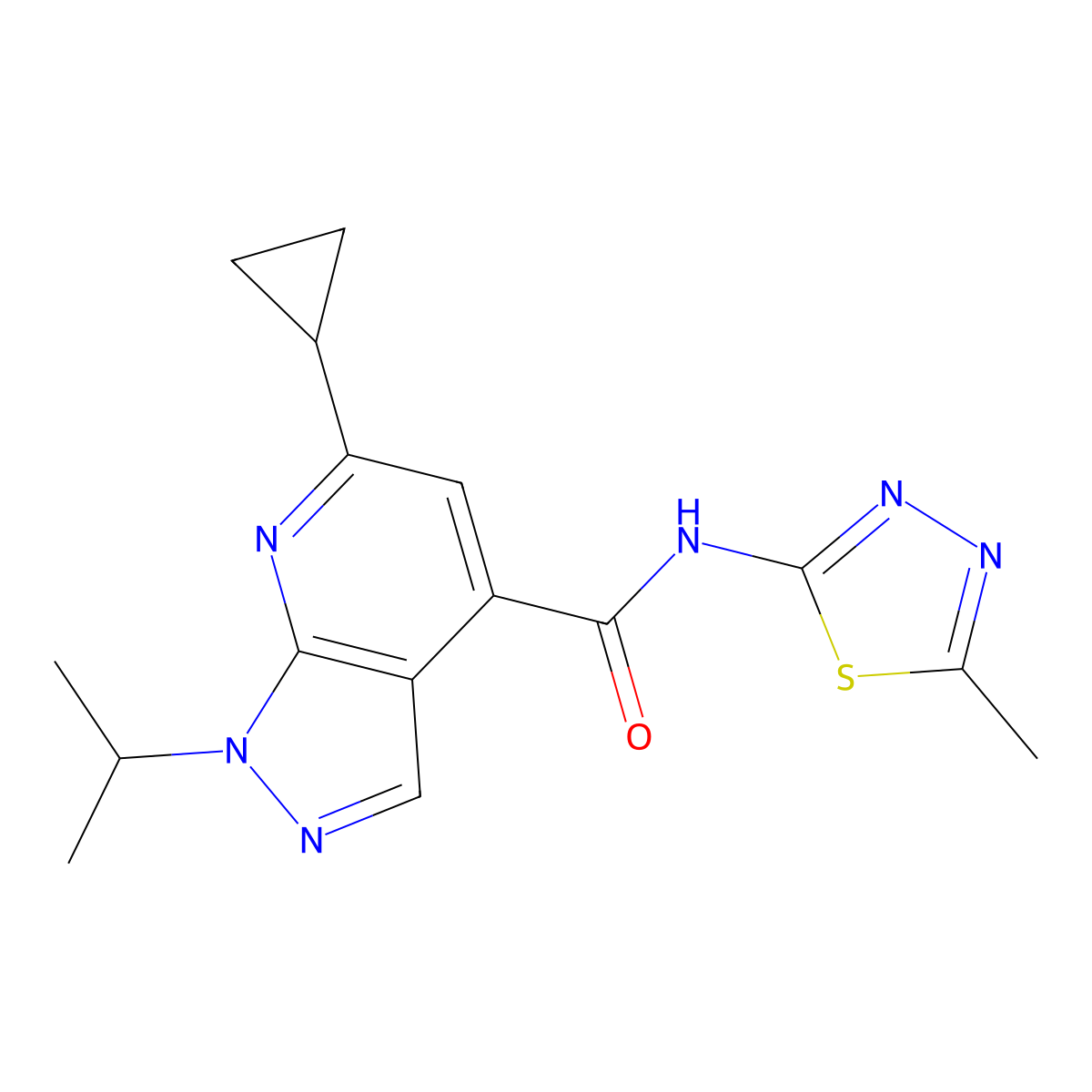 6-cyclopropyl-N-[(2E)-5-methyl-1,3,4-thiadiazol-2(3H)-ylidene]-1-(propan-2-yl)-1H-pyrazolo[3,4-b]pyridine-4-carboxamide molecular structure, CAS 1013715-55-3