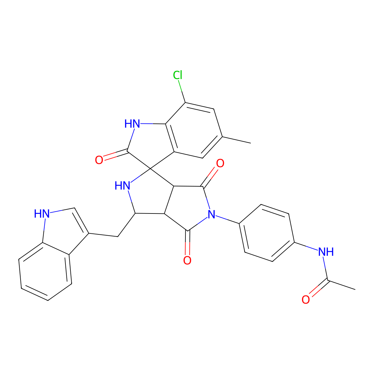 N-[4-[(3aR,6aS)-7'-chloro-1-(1H-indol-3-ylmethyl)-5'-methyl-2',4,6-trioxospiro[1,2,3a,6a-tetrahydropyrrolo[3,4-c]pyrrole-3,3'-1H-indole]-5-yl]phenyl]acetamide molecular structure, CAS 1013751-88-6