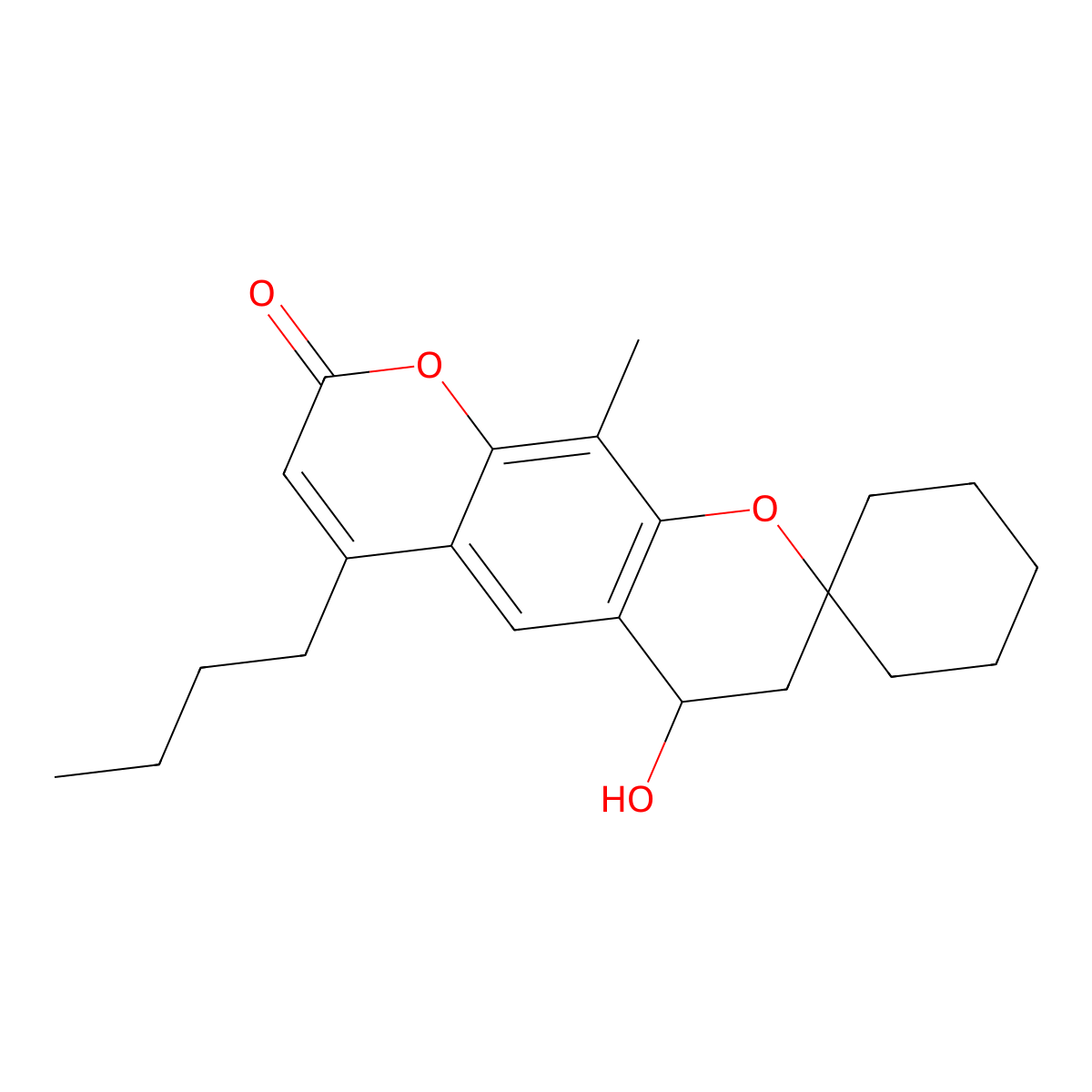 6'-butyl-4'-hydroxy-10'-methyl-3',4'-dihydro-8'H-spiro[cyclohexane-1,2'-pyrano[3,2-g]chromen]-8'-one molecular structure, CAS 1013753-25-7