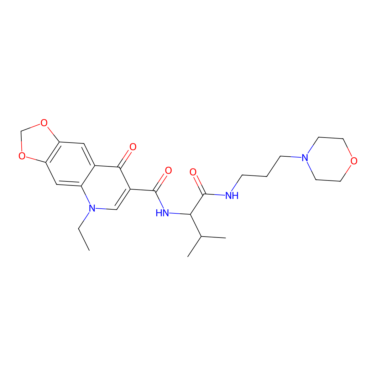 5-ethyl-N-[(2S)-3-methyl-1-{[3-(morpholin-4-yl)propyl]amino}-1-oxobutan-2-yl]-8-oxo-5,8-dihydro[1,3]dioxolo[4,5-g]quinoline-7-carboxamide molecular structure, CAS 1013755-29-7