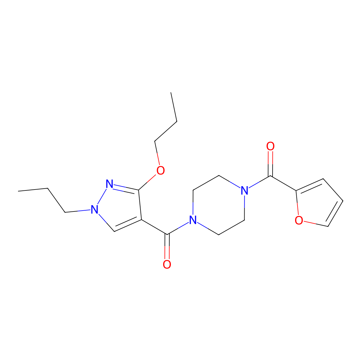 (4-(furan-2-carbonyl)piperazin-1-yl)(3-propoxy-1-propyl-1H-pyrazol-4-yl)methanone molecular structure, CAS 1013755-83-3