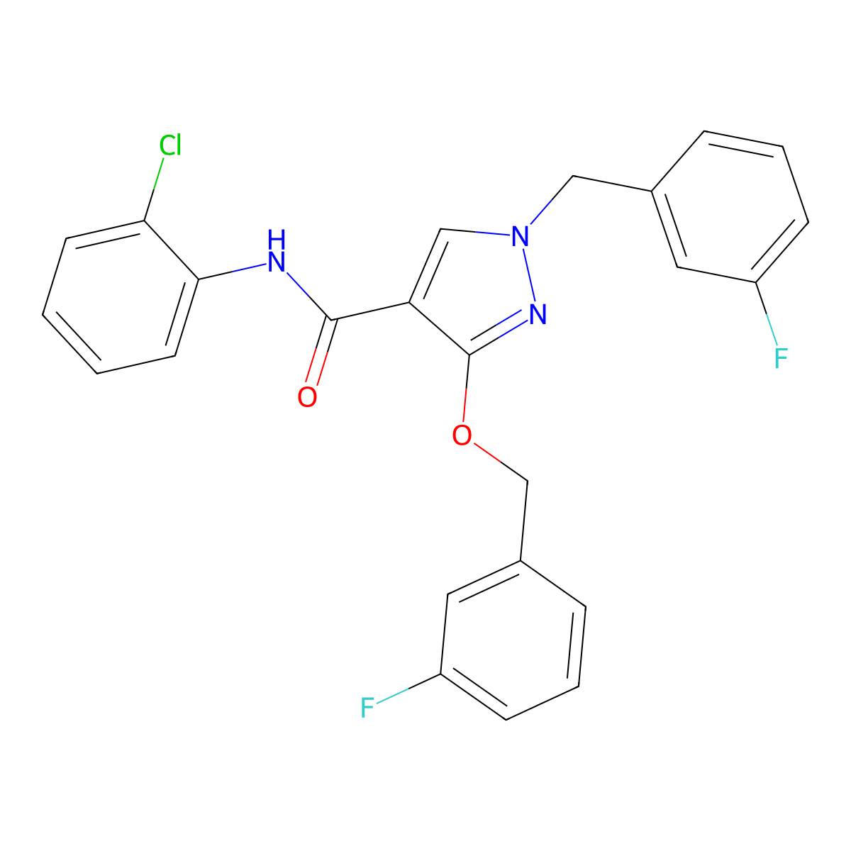N-(2-chlorophenyl)-1-(3-fluorobenzyl)-3-((3-fluorobenzyl)oxy)-1H-pyrazole-4-carboxamide molecular structure, CAS 1013757-36-2
