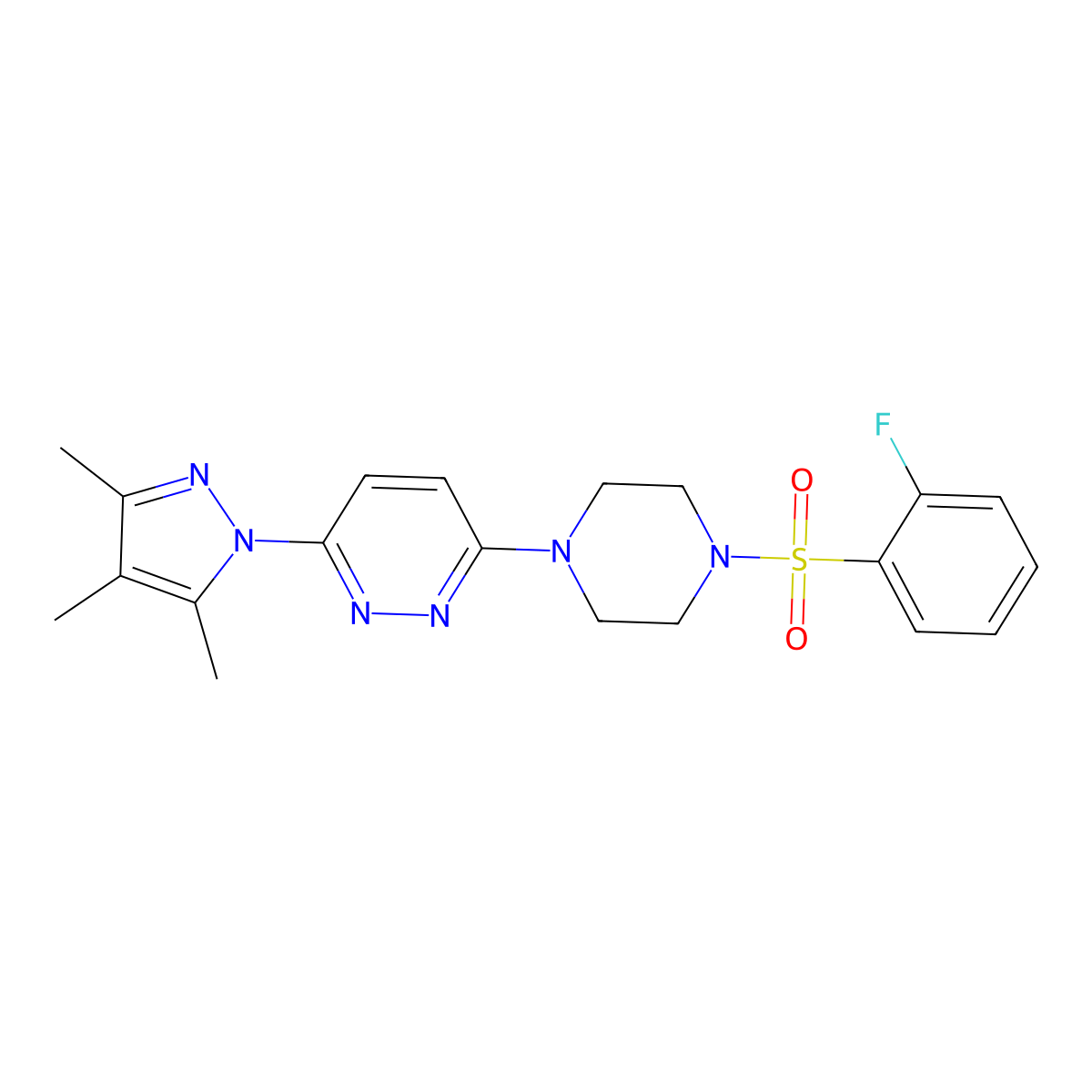 3-(4-((2-fluorophenyl)sulfonyl)piperazin-1-yl)-6-(3,4,5-trimethyl-1H-pyrazol-1-yl)pyridazine molecular structure, CAS 1013757-83-9