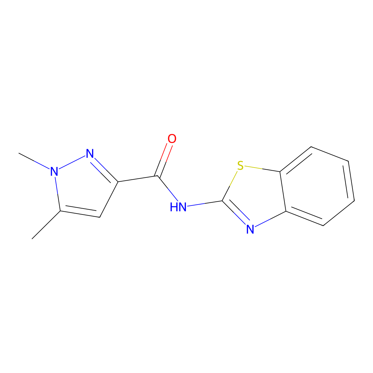 N-(benzo[d]thiazol-2-yl)-1,5-dimethyl-1H-pyrazole-3-carboxamide molecular structure, CAS 1013758-07-0