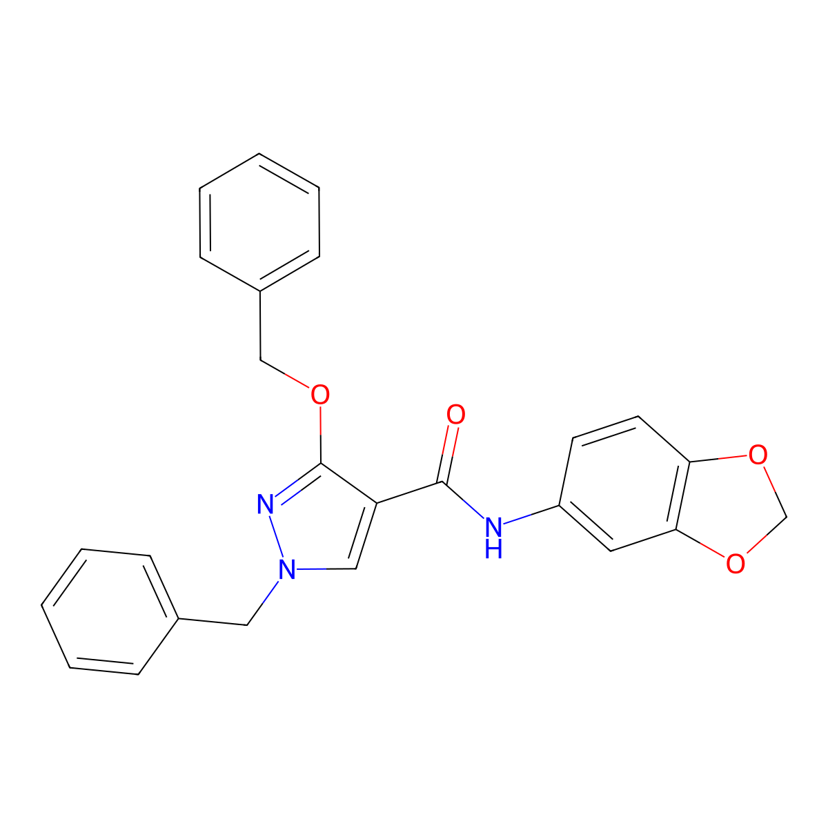 N-(benzo[d][1,3]dioxol-5-yl)-1-benzyl-3-(benzyloxy)-1H-pyrazole-4-carboxamide molecular structure, CAS 1013758-54-7