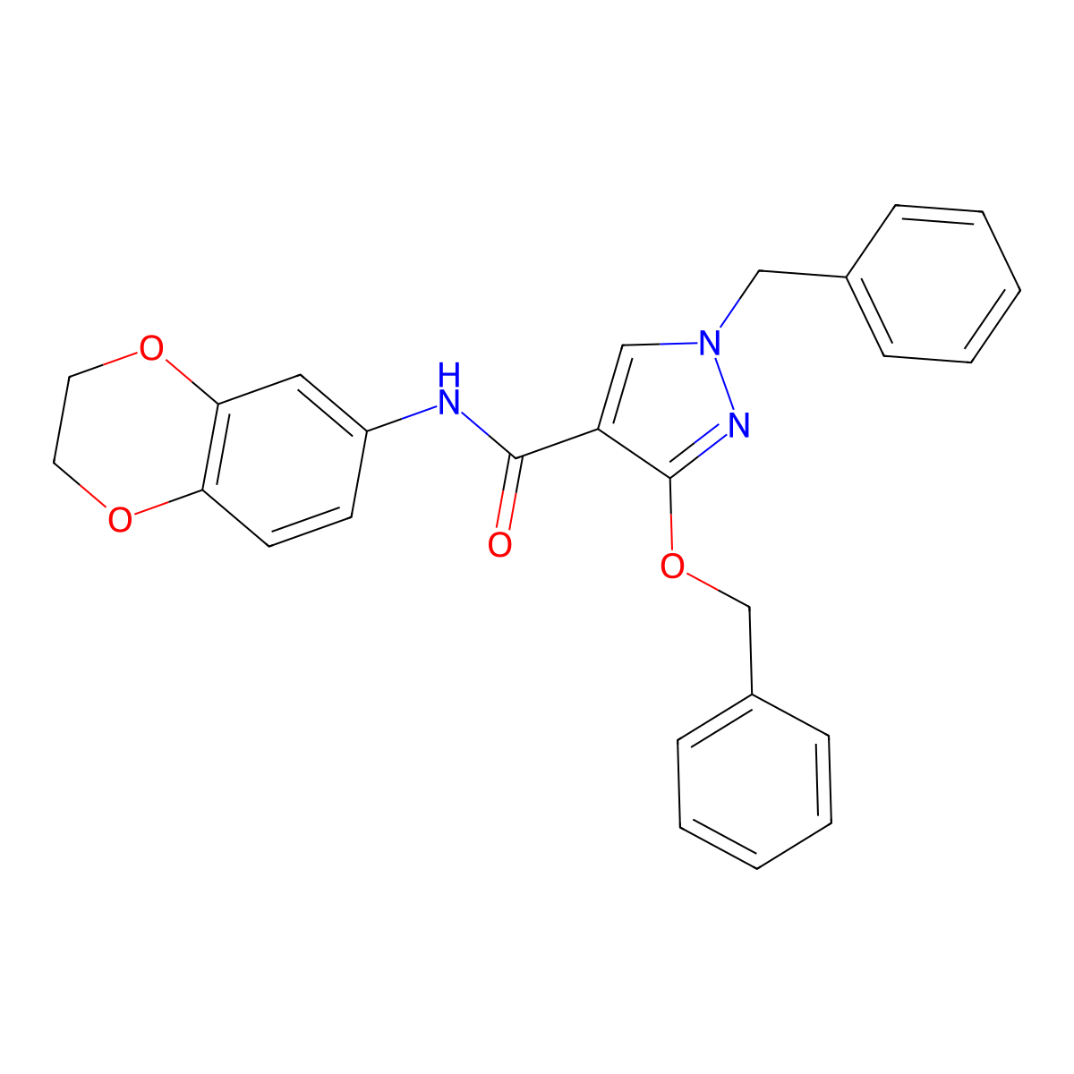 1-benzyl-3-(benzyloxy)-N-(2,3-dihydrobenzo[b][1,4]dioxin-6-yl)-1H-pyrazole-4-carboxamide molecular structure, CAS 1013758-60-5