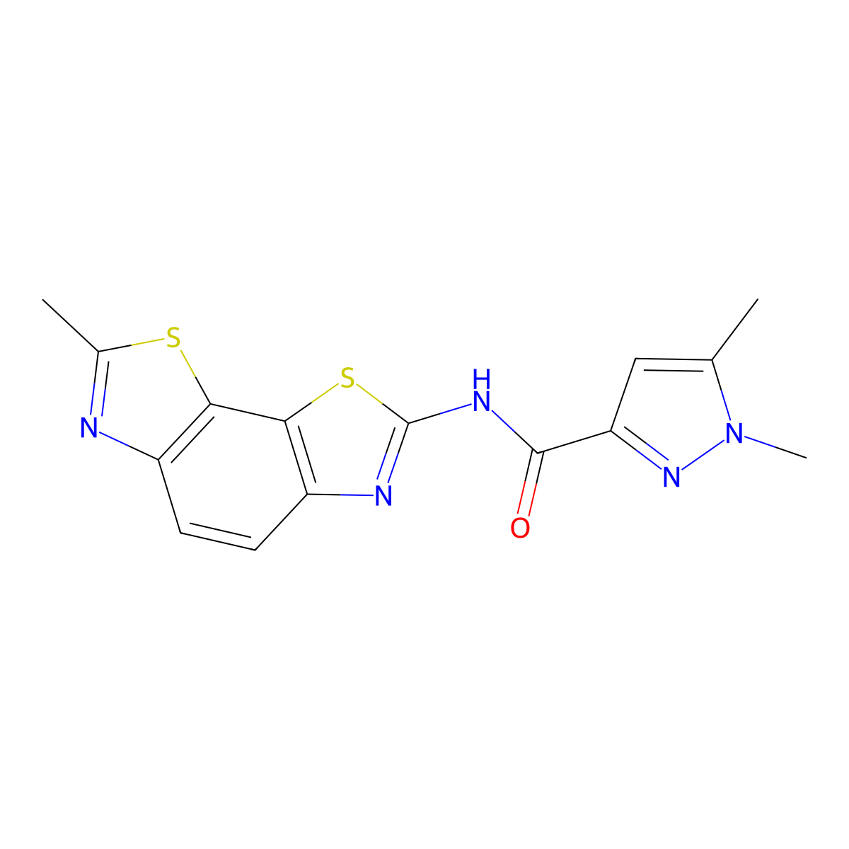 1,5-dimethyl-N-(7-methylbenzo[1,2-d:4,3-d']bis(thiazole)-2-yl)-1H-pyrazole-3-carboxamide molecular structure, CAS 1013758-97-8
