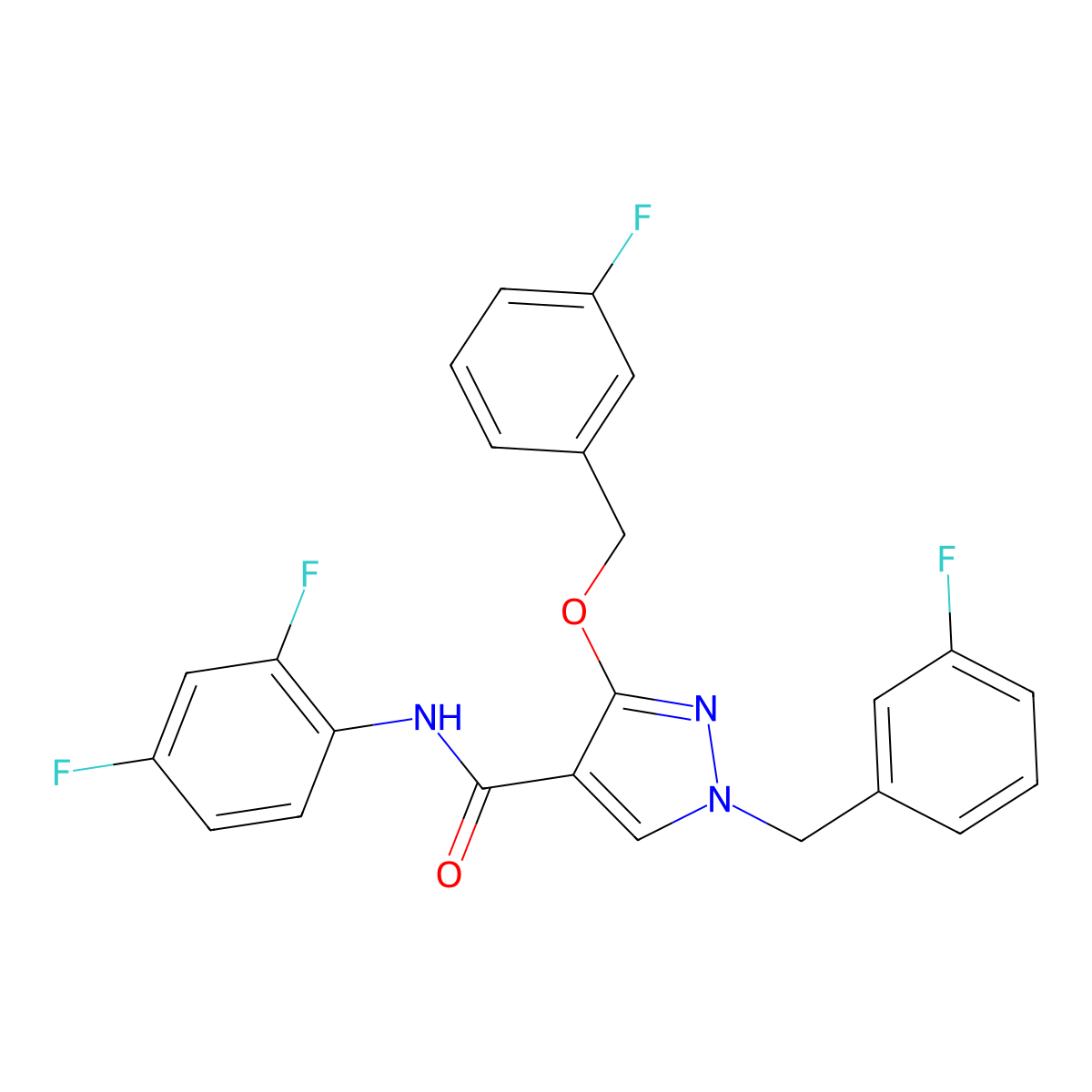 N-(2,4-difluorophenyl)-1-(3-fluorobenzyl)-3-((3-fluorobenzyl)oxy)-1H-pyrazole-4-carboxamide molecular structure, CAS 1013759-03-9