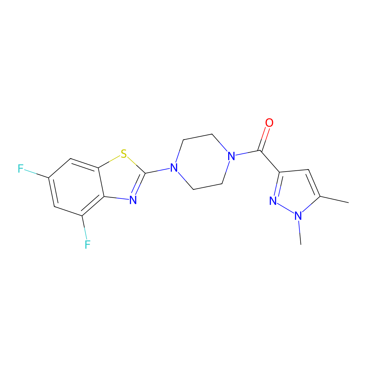 (4-(4,6-difluorobenzo[d]thiazol-2-yl)piperazin-1-yl)(1,5-dimethyl-1H-pyrazol-3-yl)methanone molecular structure, CAS 1013759-28-8