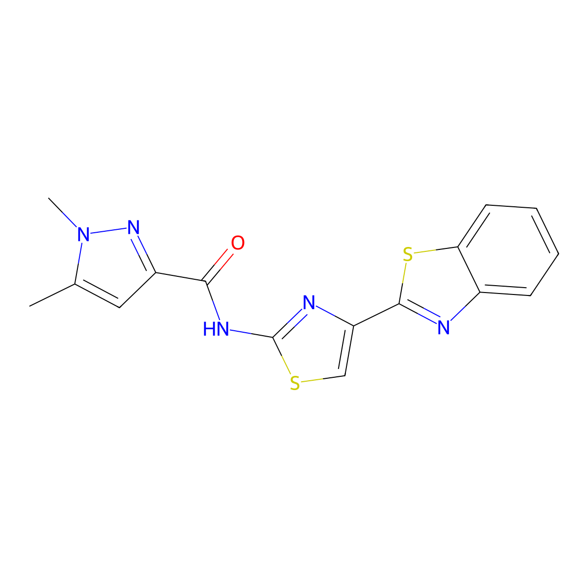 N-(4-(benzo[d]thiazol-2-yl)thiazol-2-yl)-1,5-dimethyl-1H-pyrazole-3-carboxamide molecular structure, CAS 1013759-38-0