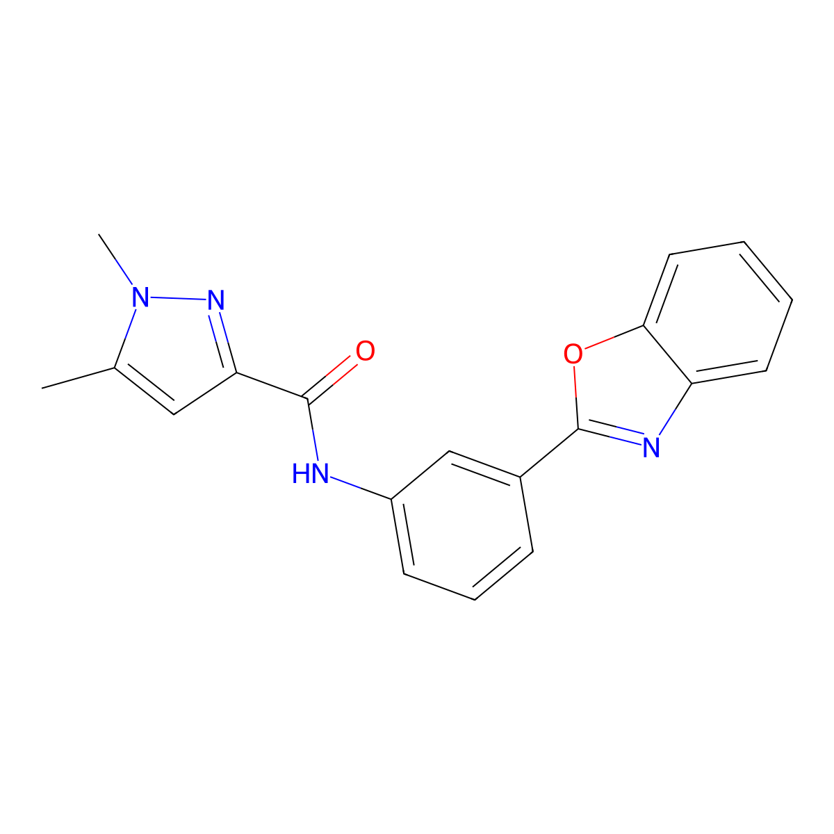 N-(3-(benzo[d]oxazol-2-yl)phenyl)-1,5-dimethyl-1H-pyrazole-3-carboxamide molecular structure, CAS 1013759-45-9