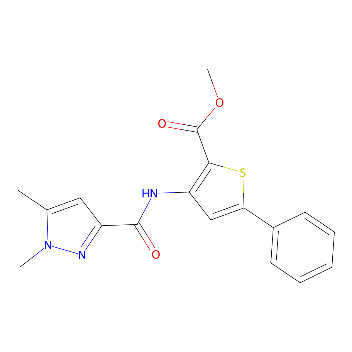 methyl 3-(1,5-dimethyl-1H-pyrazole-3-carboxamido)-5-phenylthiophene-2-carboxylate molecular structure, CAS 1013759-48-2