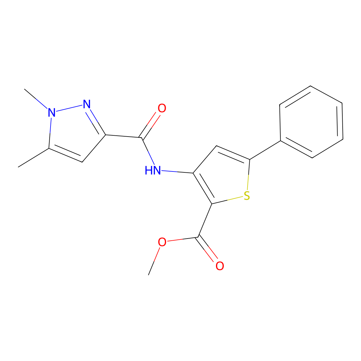 methyl 3-(1,5-dimethyl-1H-pyrazole-3-carboxamido)-5-phenylthiophene-2-carboxylate molecular structure, CAS 1013759-48-2