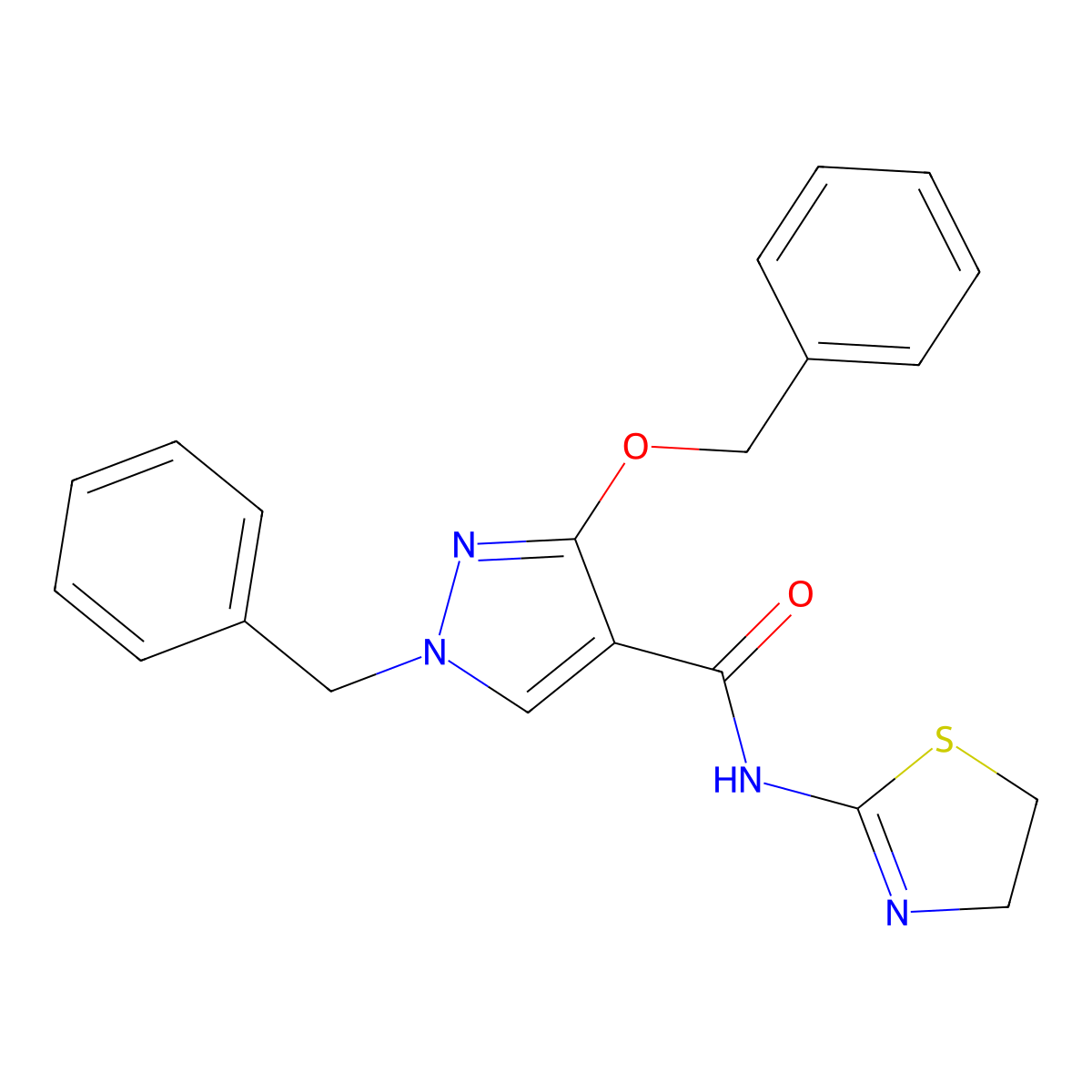 1-benzyl-3-(benzyloxy)-N-(4,5-dihydrothiazol-2-yl)-1H-pyrazole-4-carboxamide molecular structure, CAS 1013759-67-5