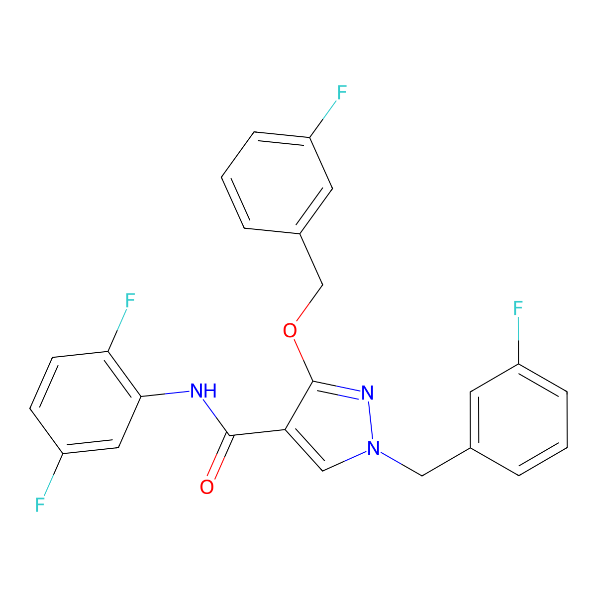 N-(2,5-difluorophenyl)-1-(3-fluorobenzyl)-3-((3-fluorobenzyl)oxy)-1H-pyrazole-4-carboxamide molecular structure, CAS 1013759-75-5