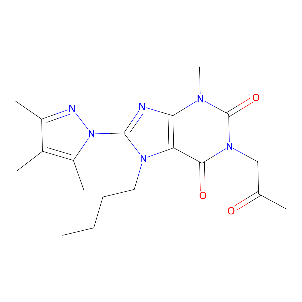 7-butyl-3-methyl-1-(2-oxopropyl)-8-(3,4,5-trimethyl-1H-pyrazol-1-yl)-2,3,6,7-tetrahydro-1H-purine-2,6-dione molecular structure, CAS 1013762-68-9