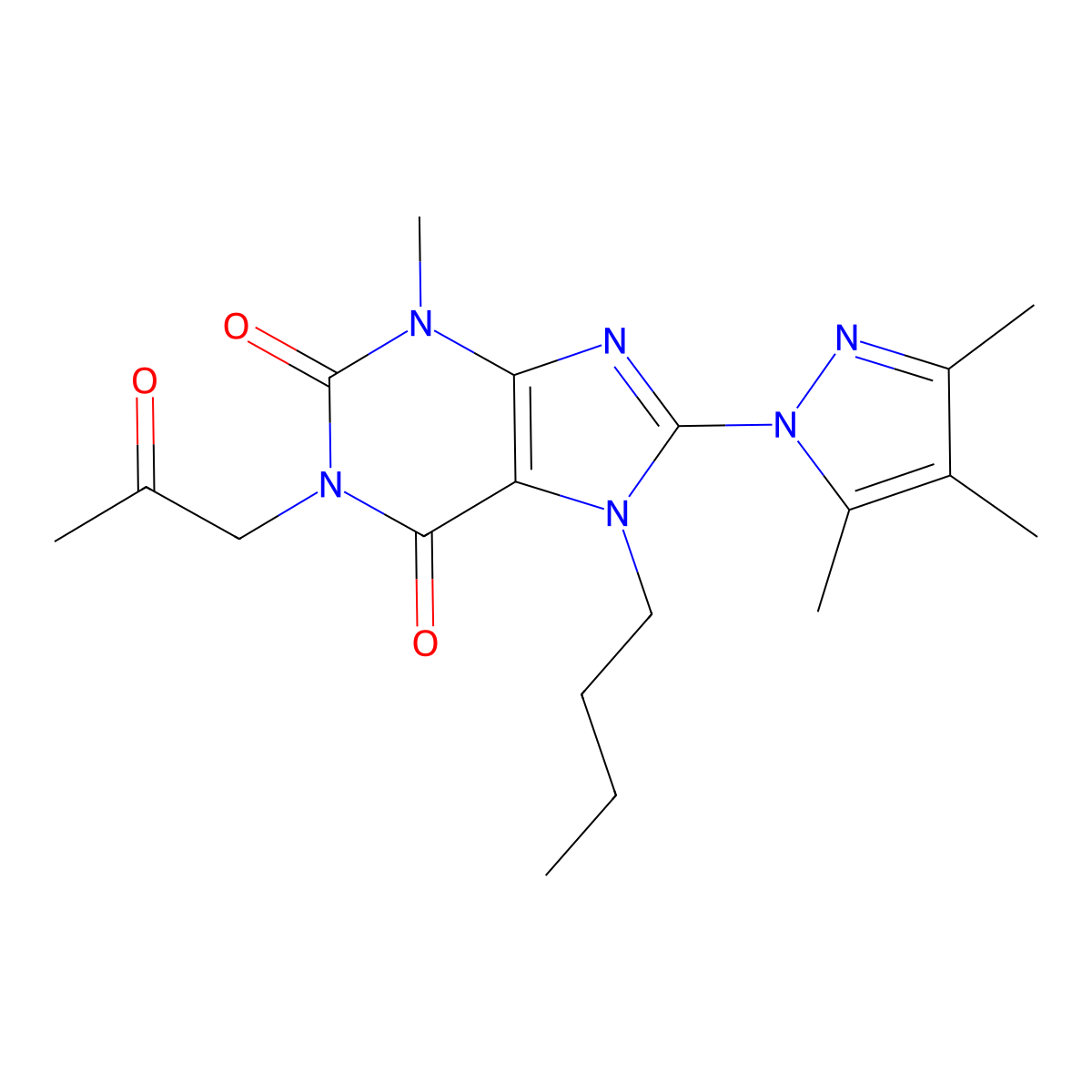 7-butyl-3-methyl-1-(2-oxopropyl)-8-(3,4,5-trimethyl-1H-pyrazol-1-yl)-2,3,6,7-tetrahydro-1H-purine-2,6-dione molecular structure, CAS 1013762-68-9